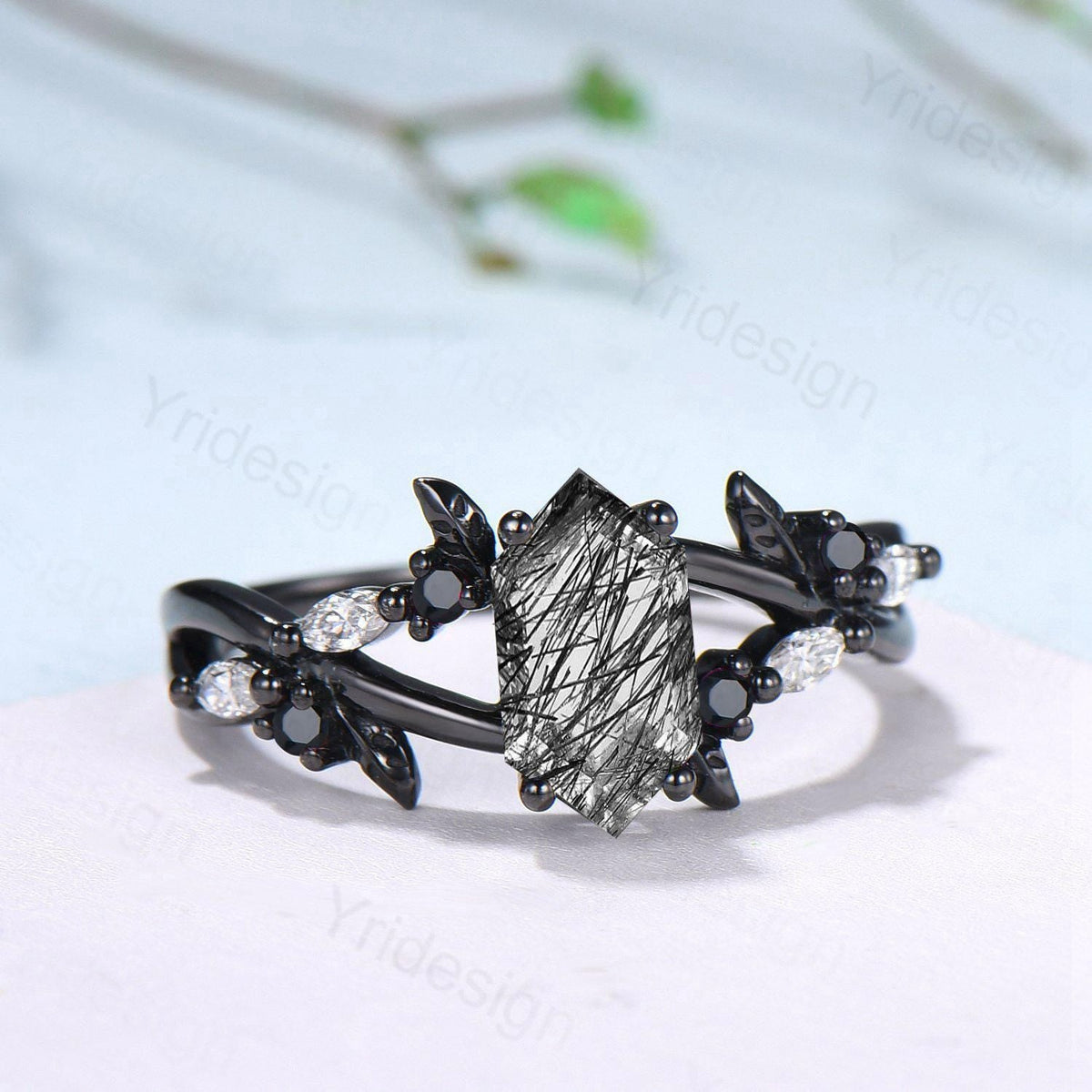 Art Deco Long Hexagon Cut Black Rutilated Quartz Engagement Ring Black Gold Gothic Engagement Ring Leaf Vine Black Spinel Moissanite Band