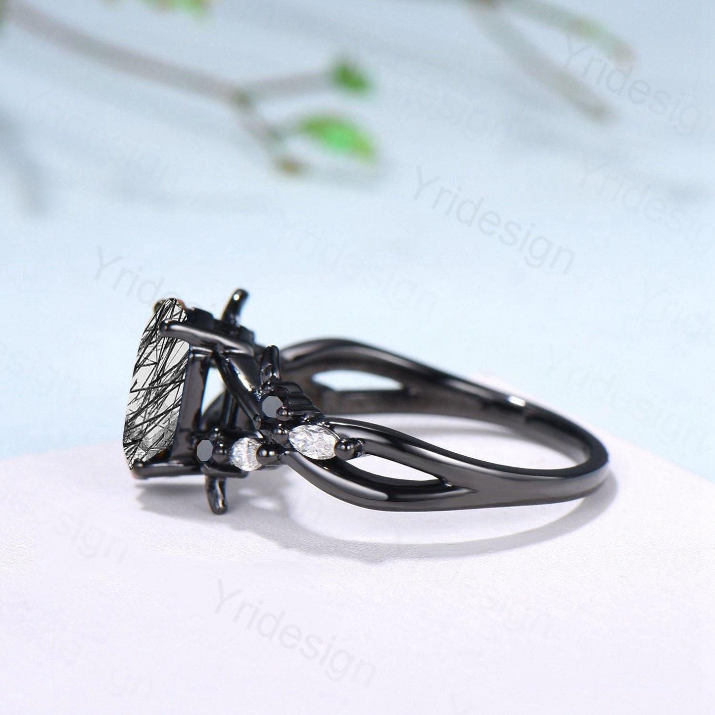 Art Deco Long Hexagon Cut Black Rutilated Quartz Engagement Ring Black Gold Gothic Engagement Ring Leaf Vine Black Spinel Moissanite Band