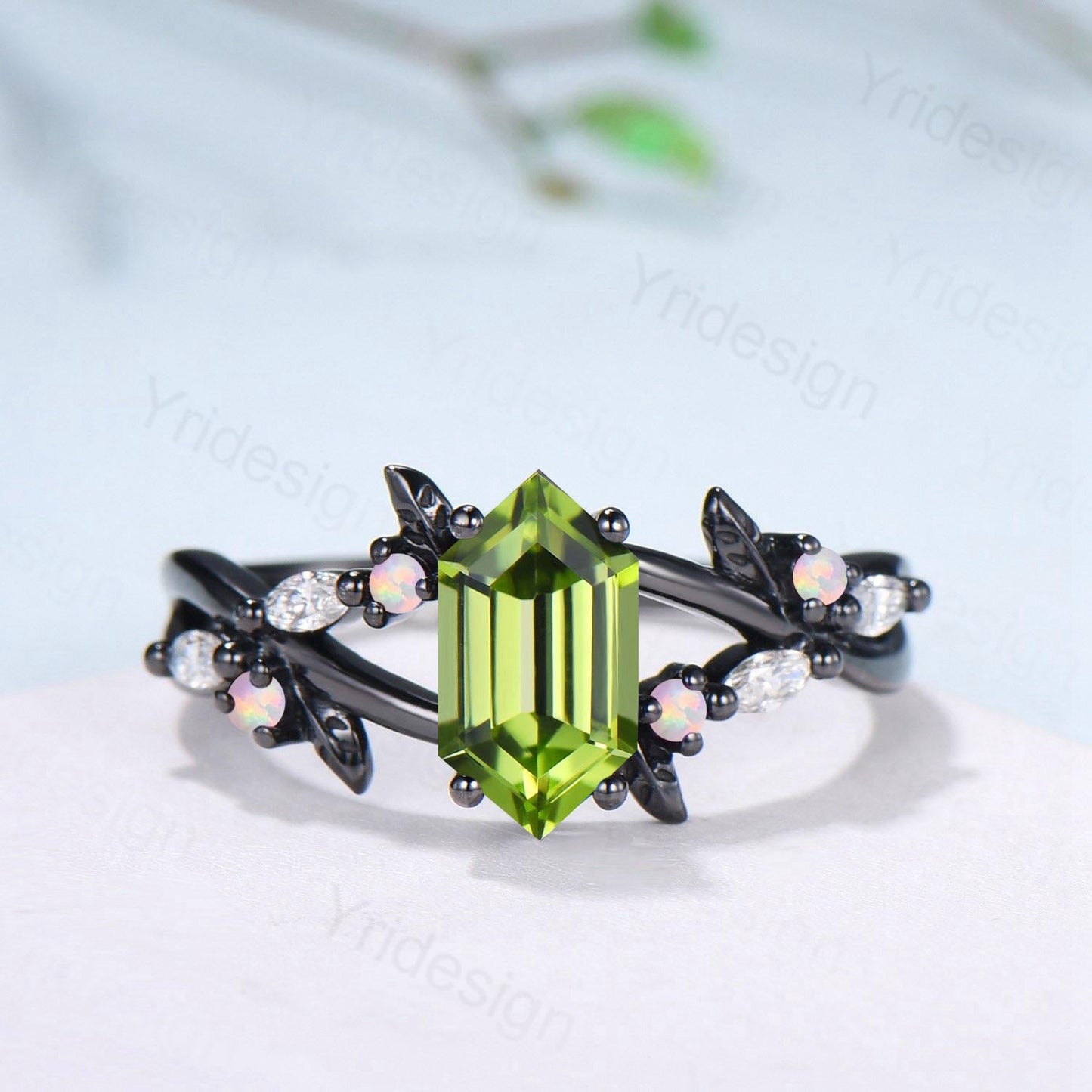 Unique Black Gold Natural Peridot Engagement Ring, Gothic Opal Moissanite Leaf Vine Wedding Ring Long Hexagon Cut August Birthstone Jewelry
