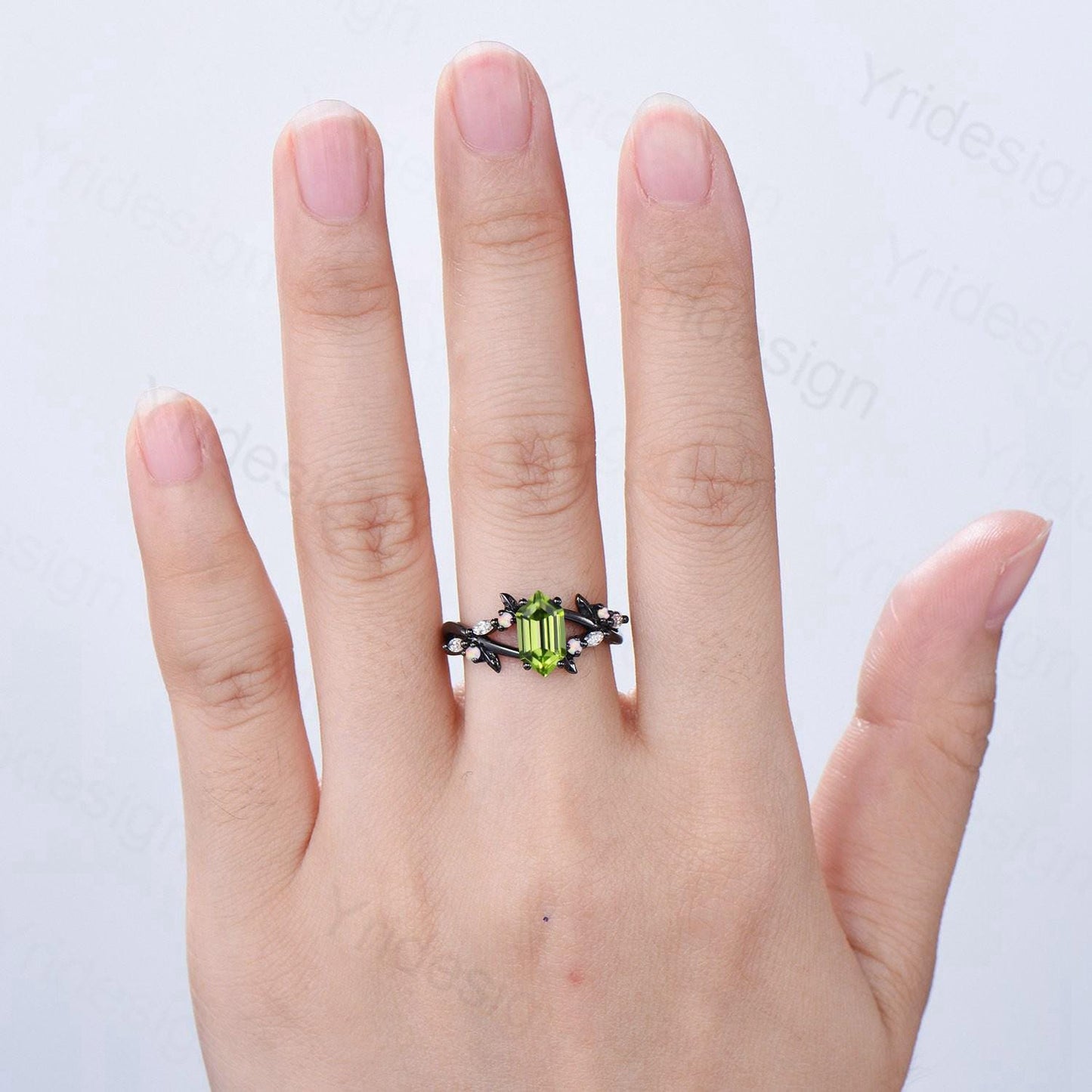 Unique Black Gold Natural Peridot Engagement Ring, Gothic Opal Moissanite Leaf Vine Wedding Ring Long Hexagon Cut August Birthstone Jewelry