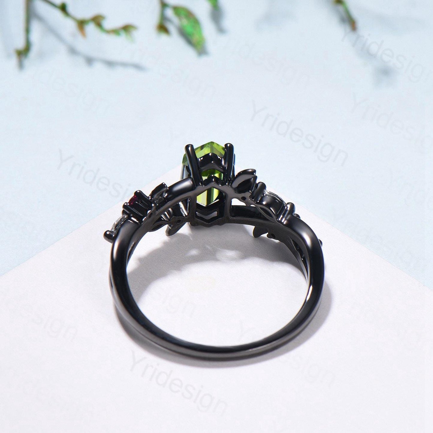 Unique Black Gold Natural Peridot Engagement Ring, Gothic Opal Moissanite Leaf Vine Wedding Ring Long Hexagon Cut August Birthstone Jewelry