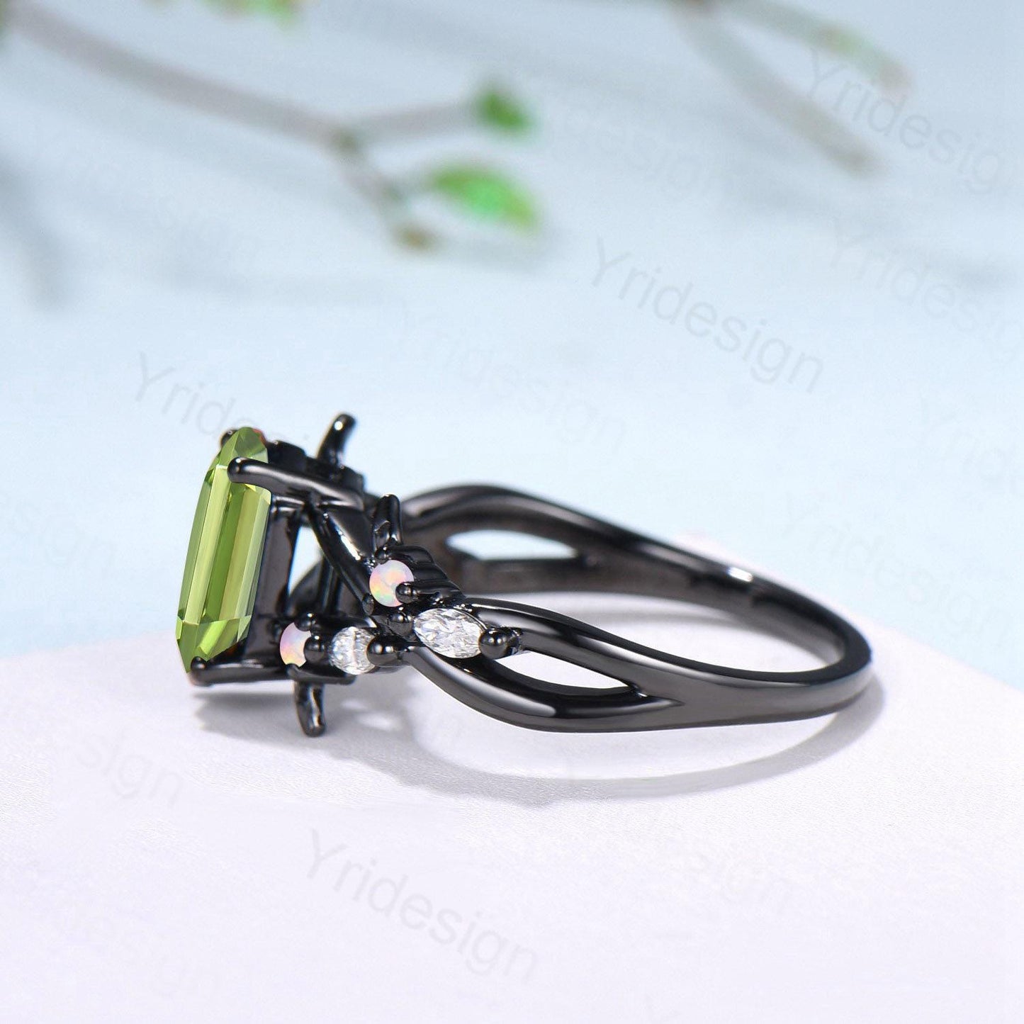 Unique Black Gold Natural Peridot Engagement Ring, Gothic Opal Moissanite Leaf Vine Wedding Ring Long Hexagon Cut August Birthstone Jewelry