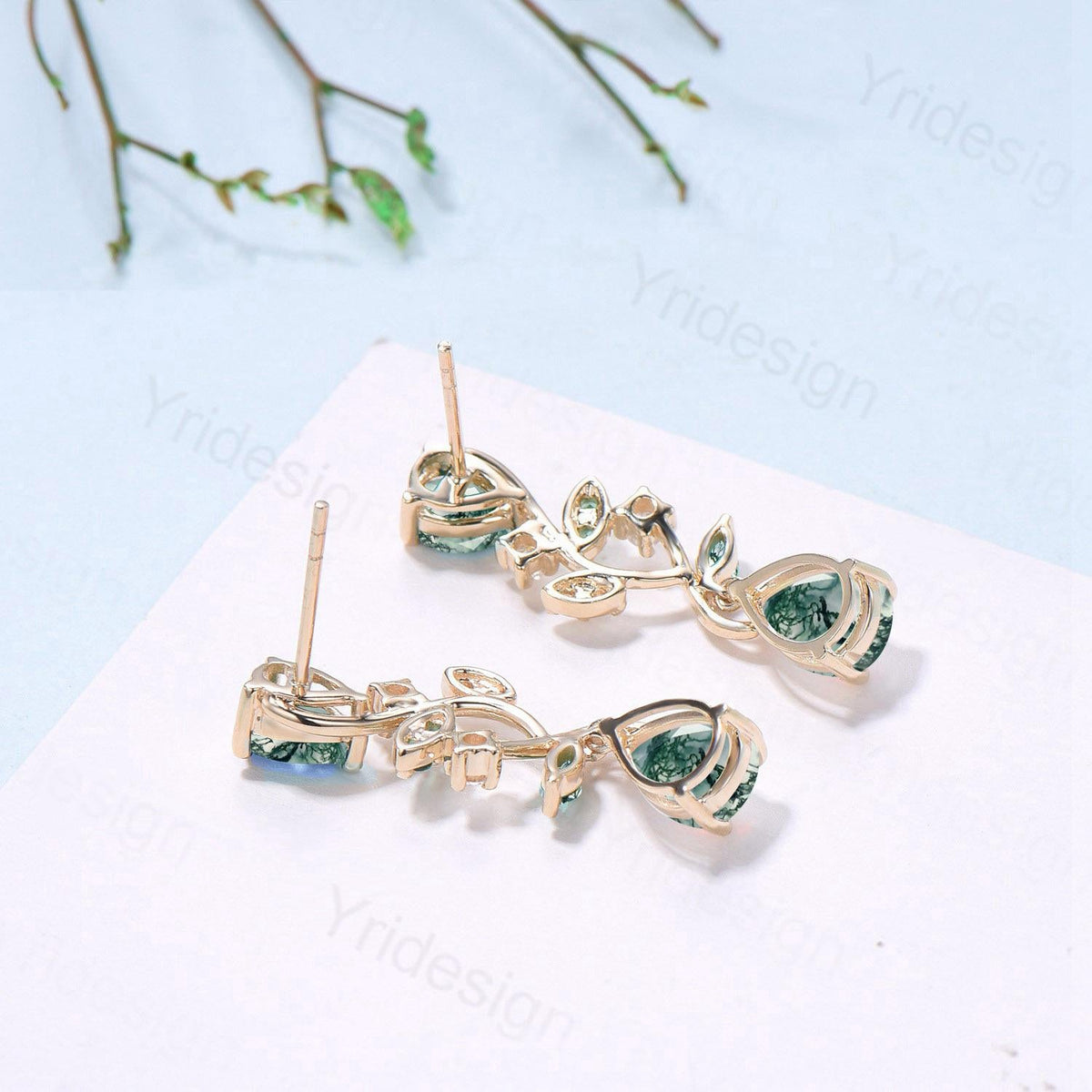 Elegant Moss Agate Earrings Nature Inspired Pear Shaped Studs Earrings Leaf Vine Stud Earrings Handmade Anniversary Promise Gift for Women