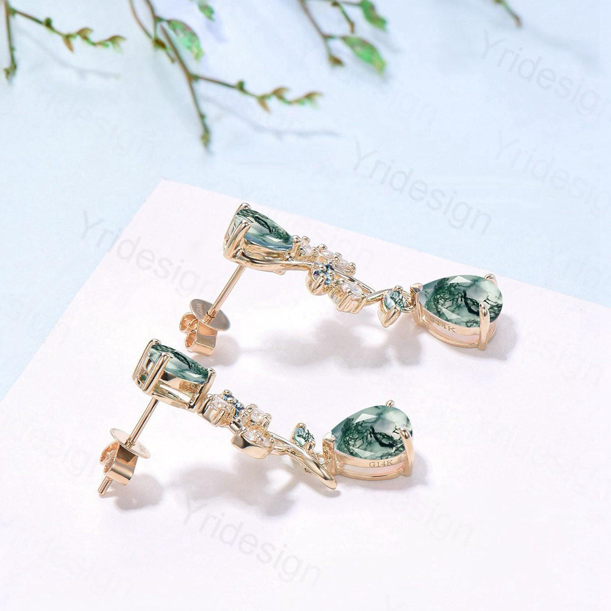 Elegant Moss Agate Earrings Nature Inspired Pear Shaped Studs Earrings Leaf Vine Stud Earrings Handmade Anniversary Promise Gift for Women