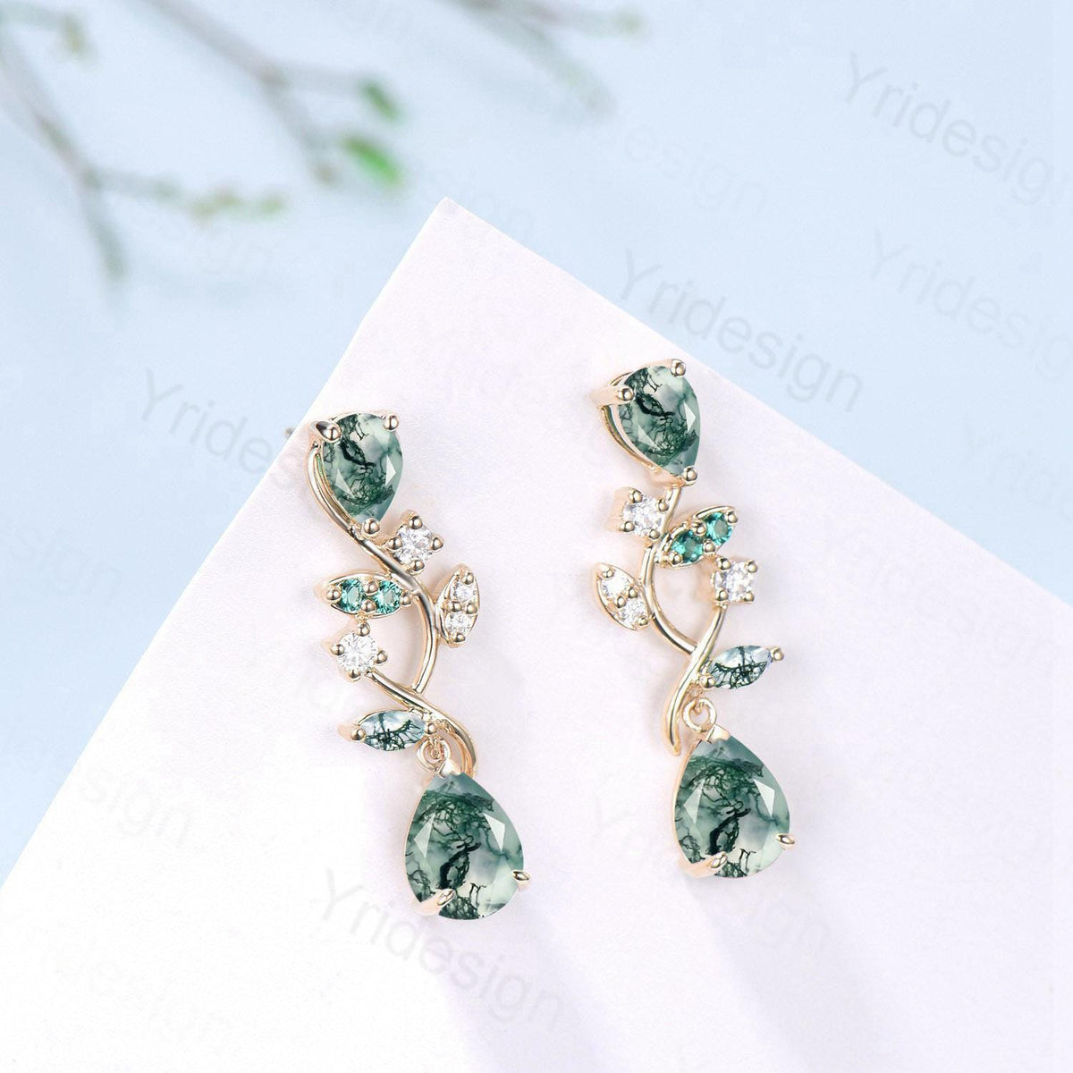 Elegant Moss Agate Earrings Nature Inspired Pear Shaped Studs Earrings Leaf Vine Stud Earrings Handmade Anniversary Promise Gift for Women