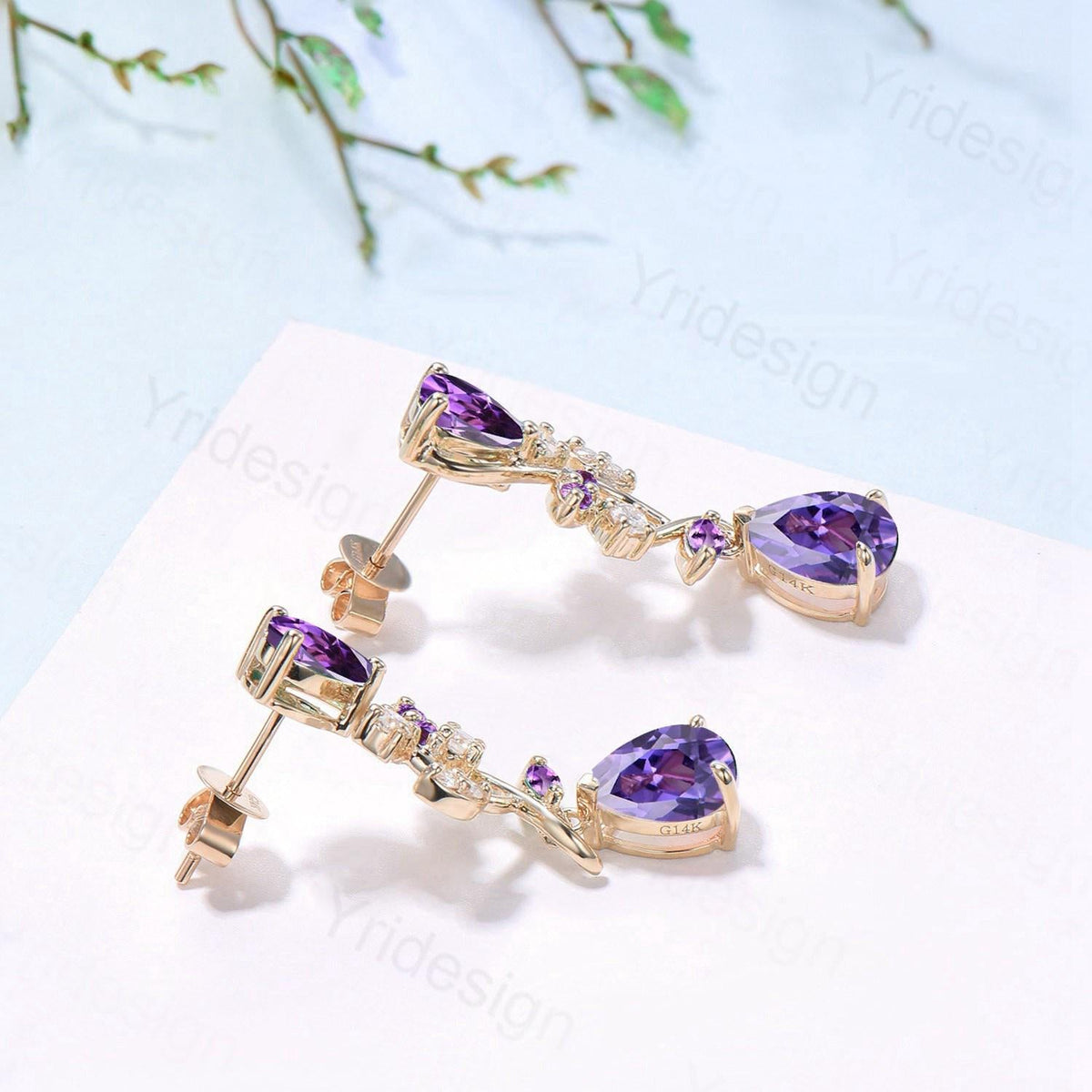 Nature Inspired Teardrop Amethyst Studs Earrings Pear Shaped Purple Gemstone Leaf Vine Stud Delicate Earrings Anniversary Promise Gift Women