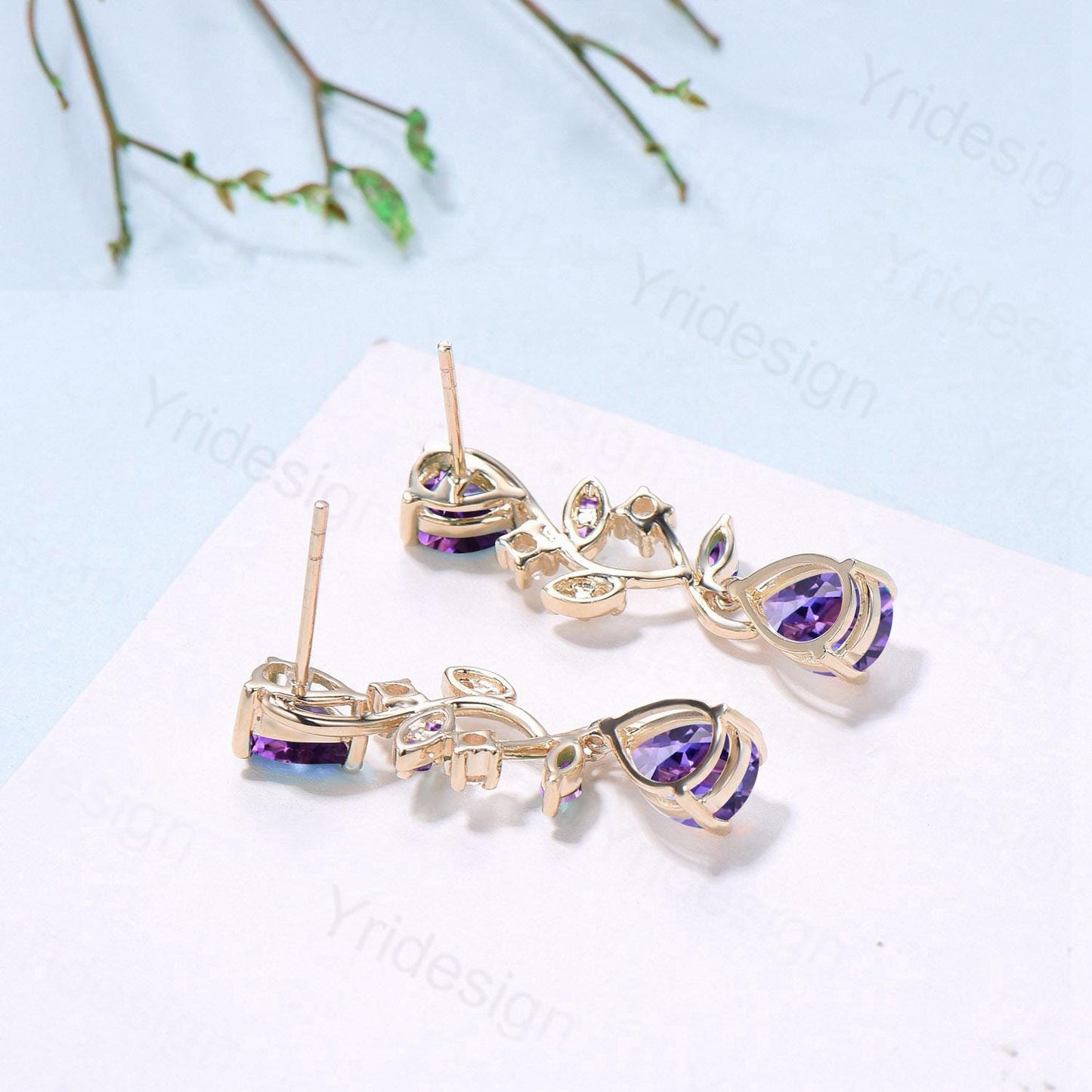 Nature Inspired Teardrop Amethyst Studs Earrings Pear Shaped Purple Gemstone Leaf Vine Stud Delicate Earrings Anniversary Promise Gift Women