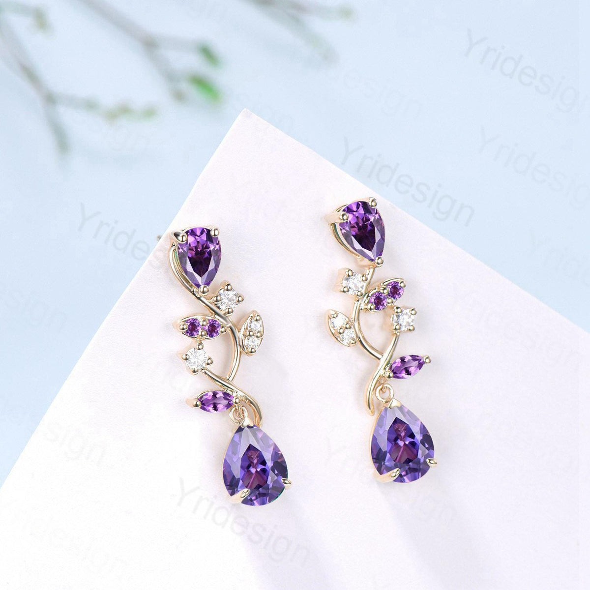 Nature Inspired Teardrop Amethyst Studs Earrings Pear Shaped Purple Gemstone Leaf Vine Stud Delicate Earrings Anniversary Promise Gift Women