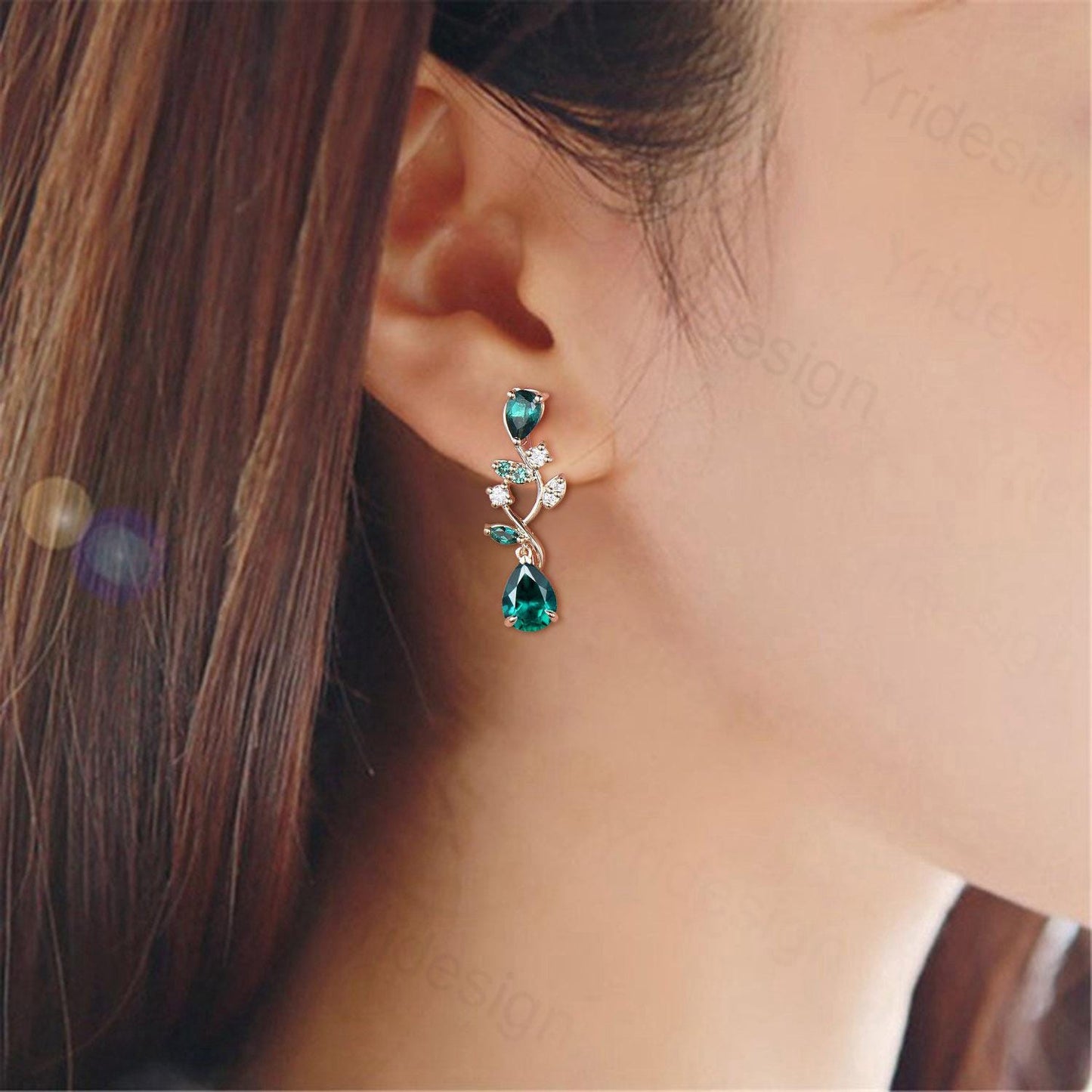 Elegant Pear Shaped Emerald Earrings Nature Inspired May Birthstone Studs Earrings Leaf Vine Handmade Anniversary Promise Gift for Daughter