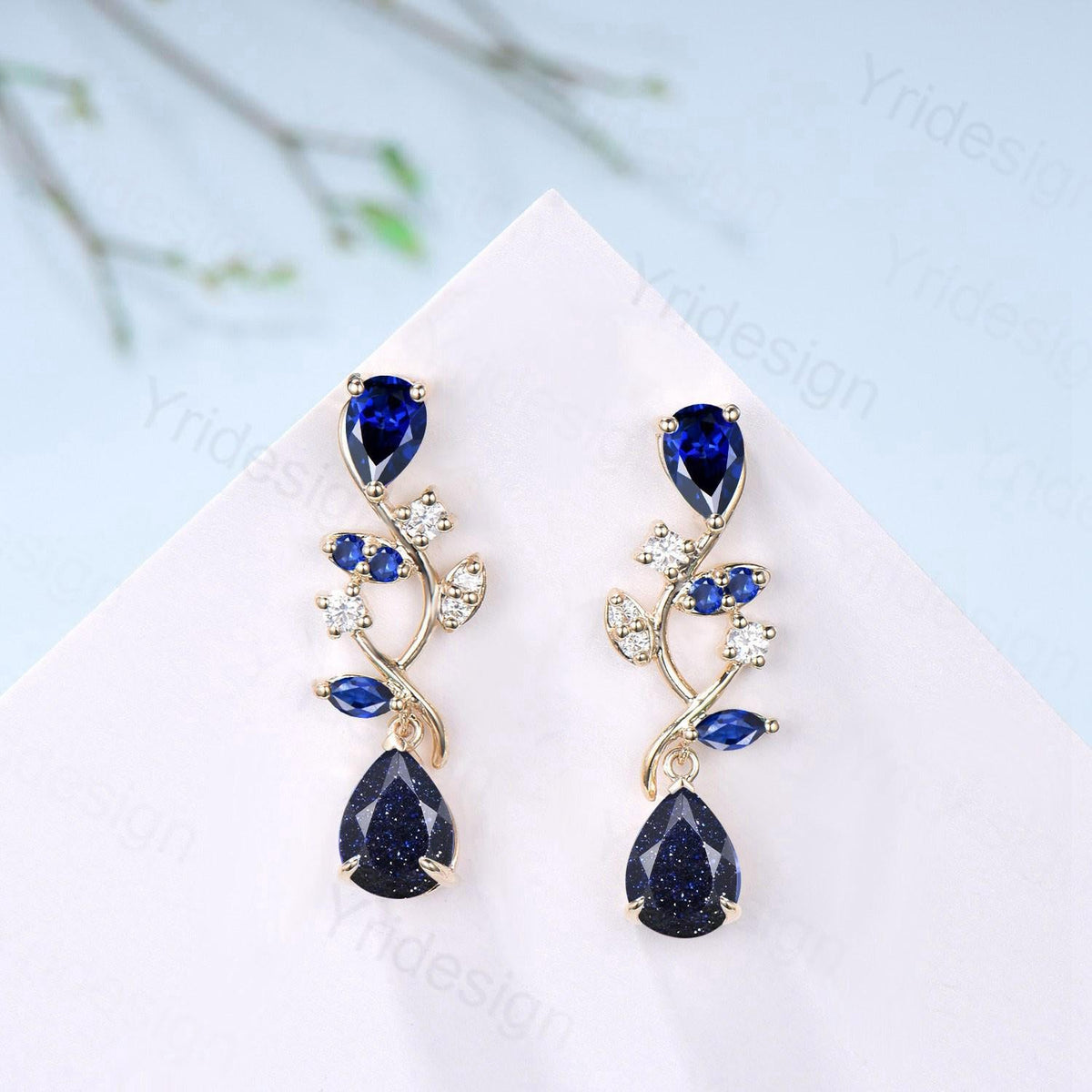 Dainty Pear Shaped Blue Sandstone Earrings Nature Inspired Sapphire Leaf Vine Stud Silver 14K Yellow Gold Anniversary Gift For Daughter