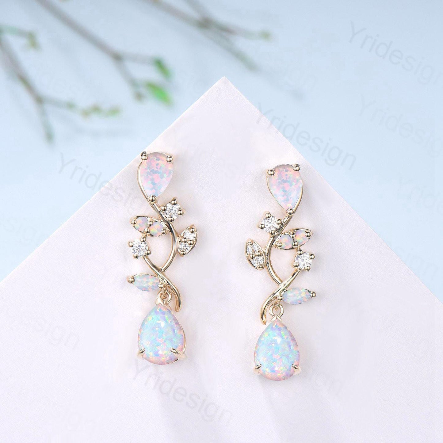 Nature Inspired Teardrop Opal Earrings Elegant Pear Shaped White Fire Opal Leaf Stud 14K Yellow Gold October Birthstone  Anniversary Gift