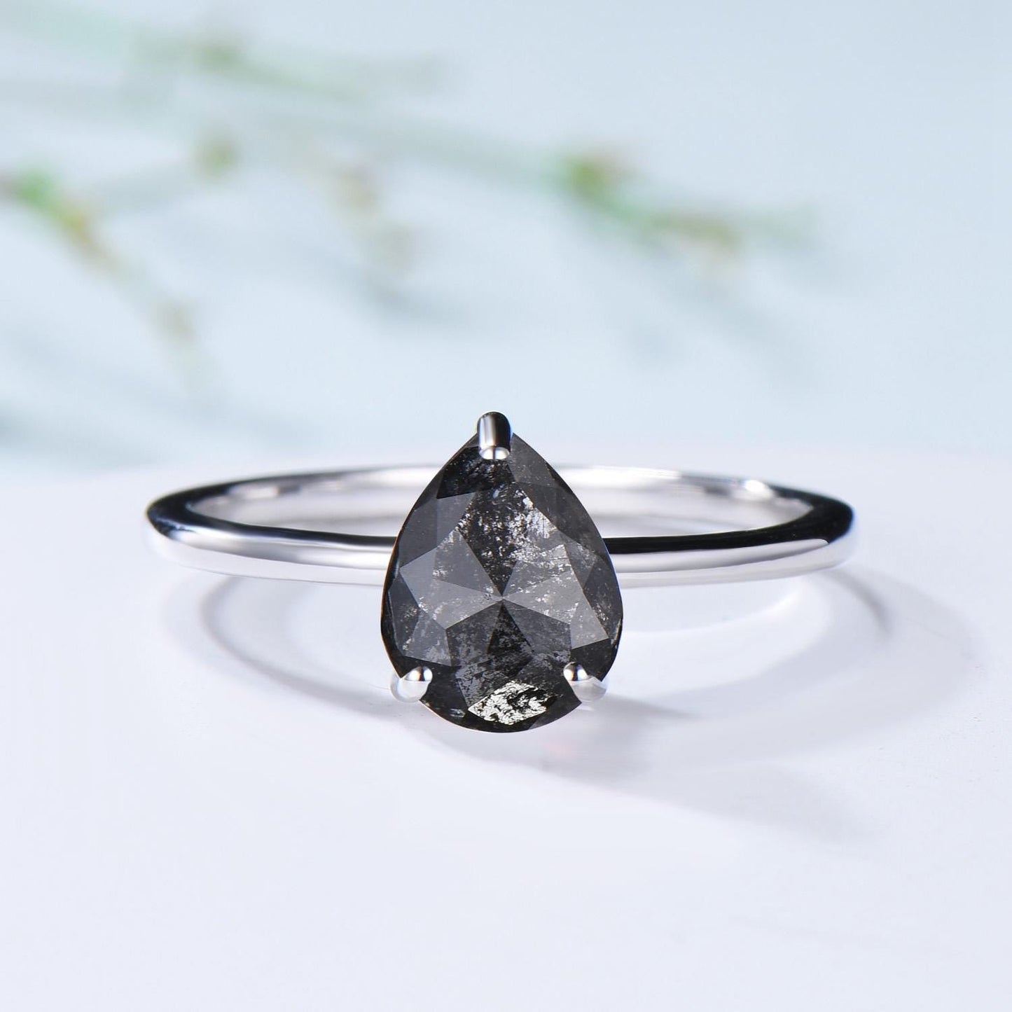 Dainty Pear Shaped Salt and Pepper Diamond Wedding Bridal  Set, 18K White Gold Peper Diamond Engagement Ring/Pendnat Nekclace/Studs Earrings