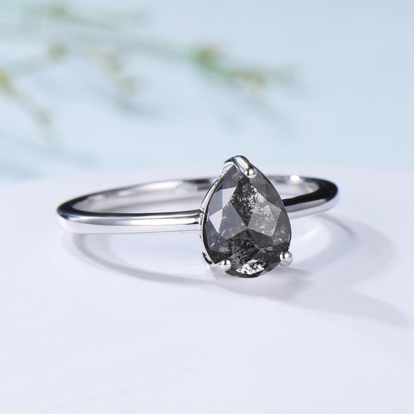 Dainty Pear Shaped Salt and Pepper Diamond Wedding Bridal  Set, 18K White Gold Peper Diamond Engagement Ring/Pendnat Nekclace/Studs Earrings