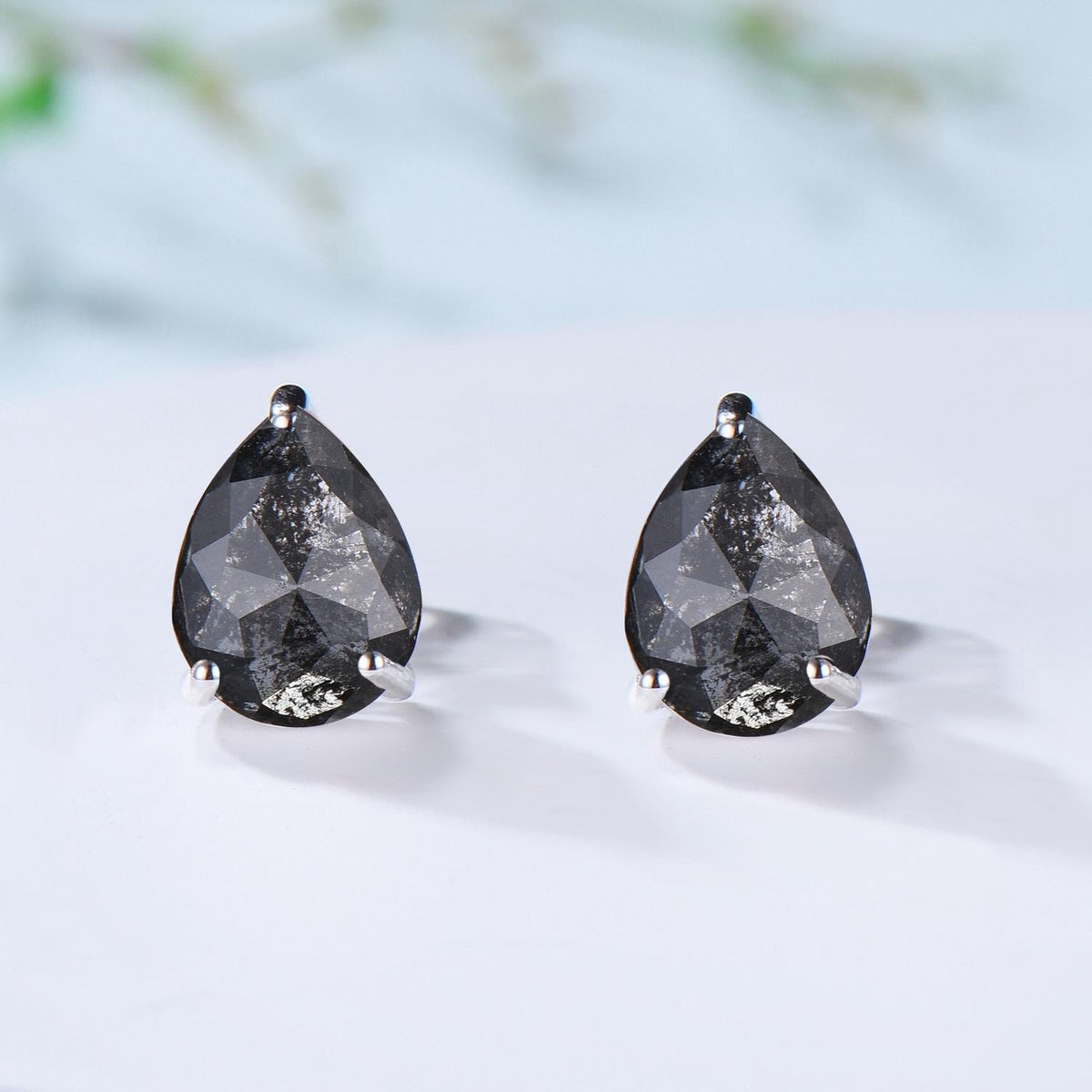 Dainty Pear Shaped Salt and Pepper Diamond Wedding Bridal  Set, 18K White Gold Peper Diamond Engagement Ring/Pendnat Nekclace/Studs Earrings