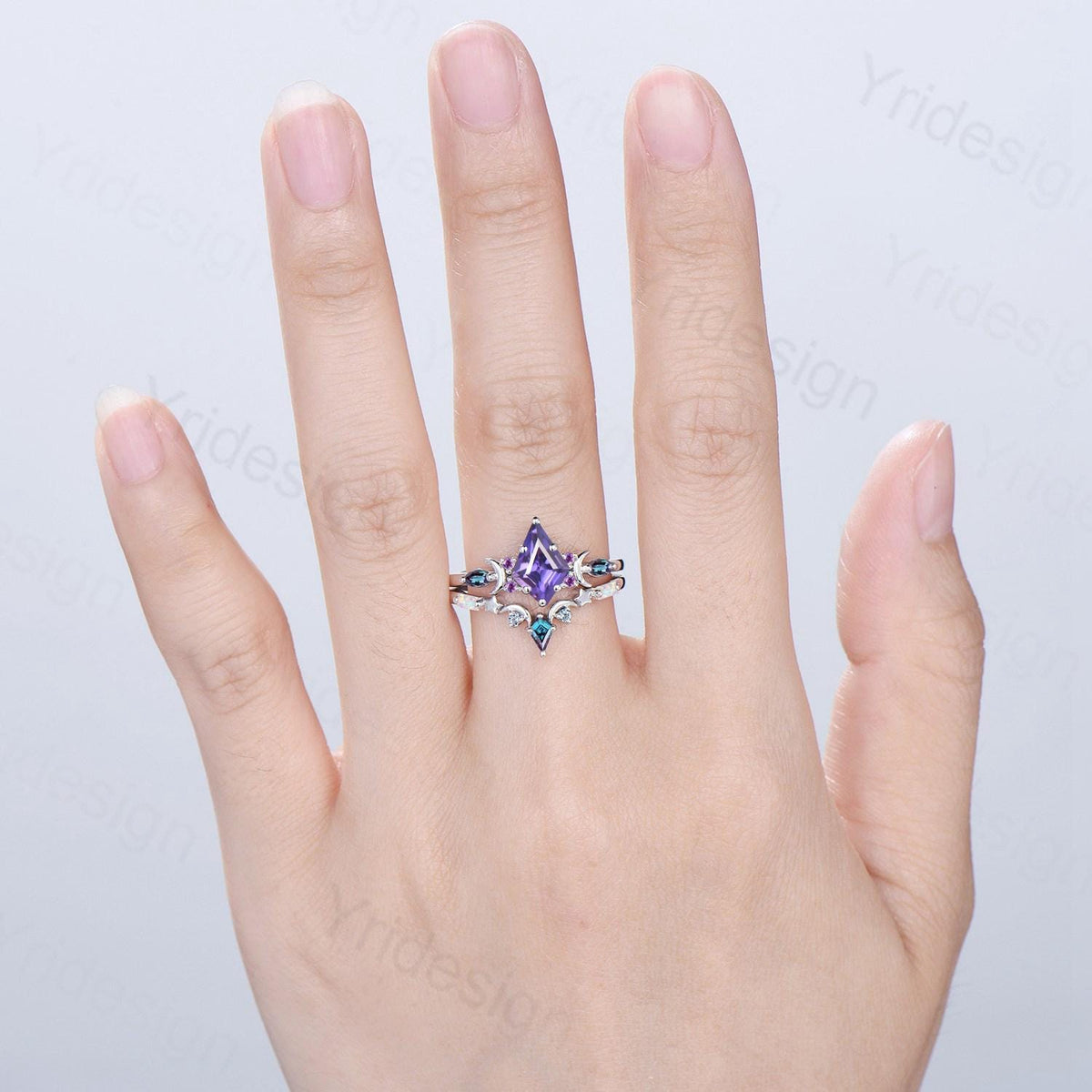 Midnight Sky Kite Cut Purple Sapphire Bridal Set- Alexandrite & Opal with Moon & Star