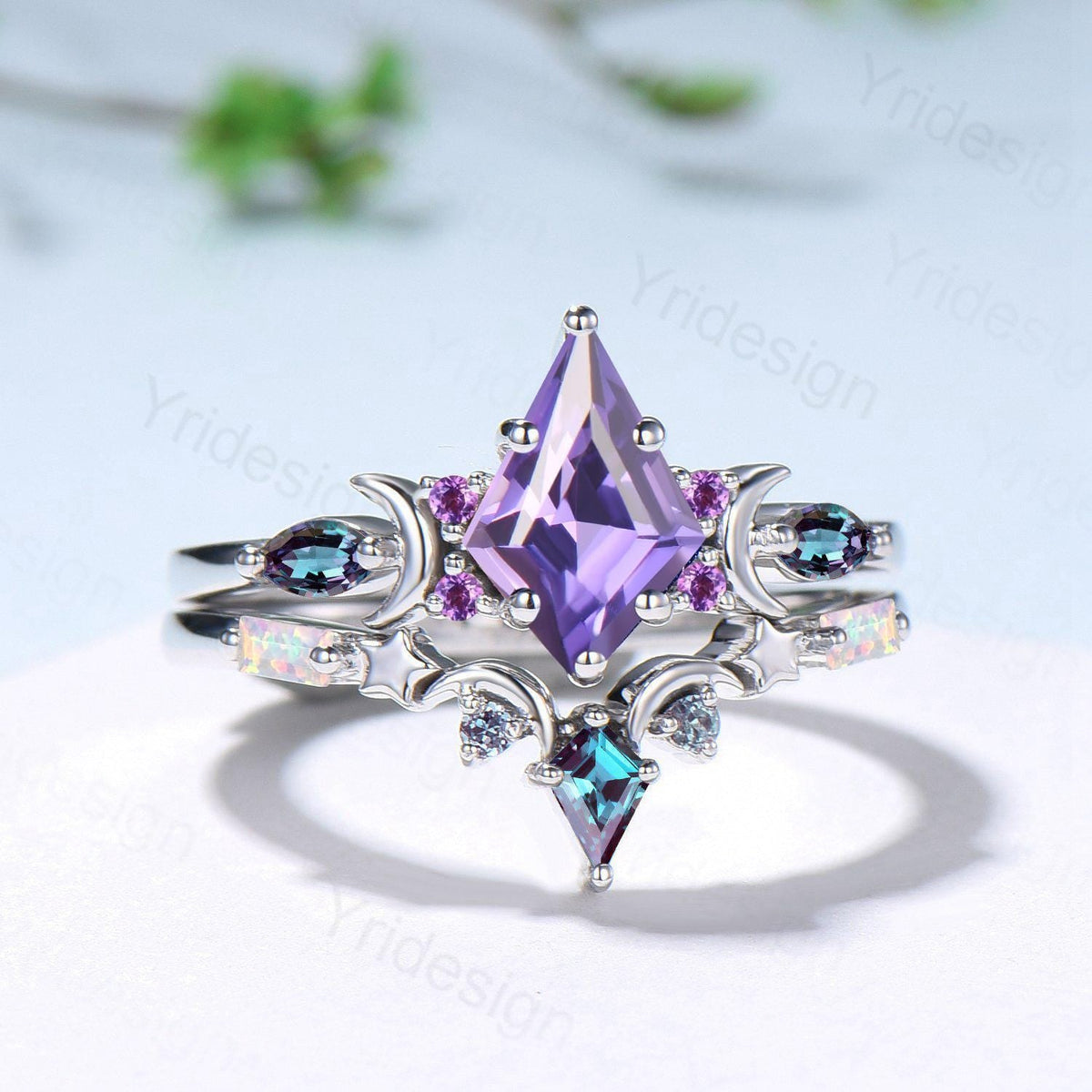 Midnight Sky Kite Cut Purple Sapphire Bridal Set- Alexandrite & Opal with Moon & Star