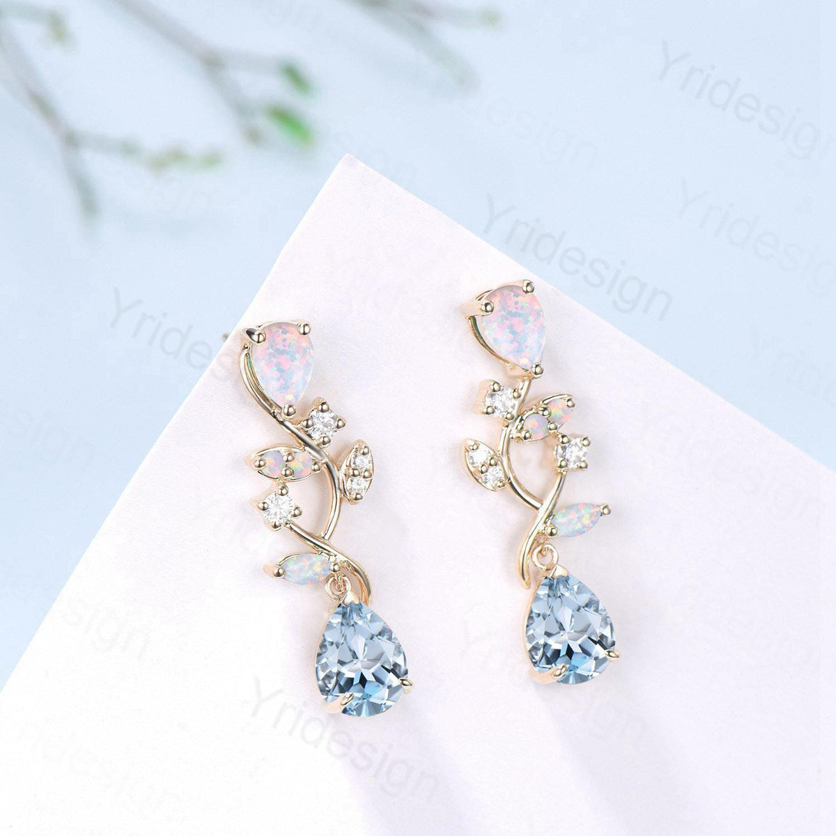 Nature Inspired Pear Shaped Aquamarine Earrings Elegant Opal Leaf Vine Earrings Silver Earrings Handmade March Birthstone Anniversary Gift