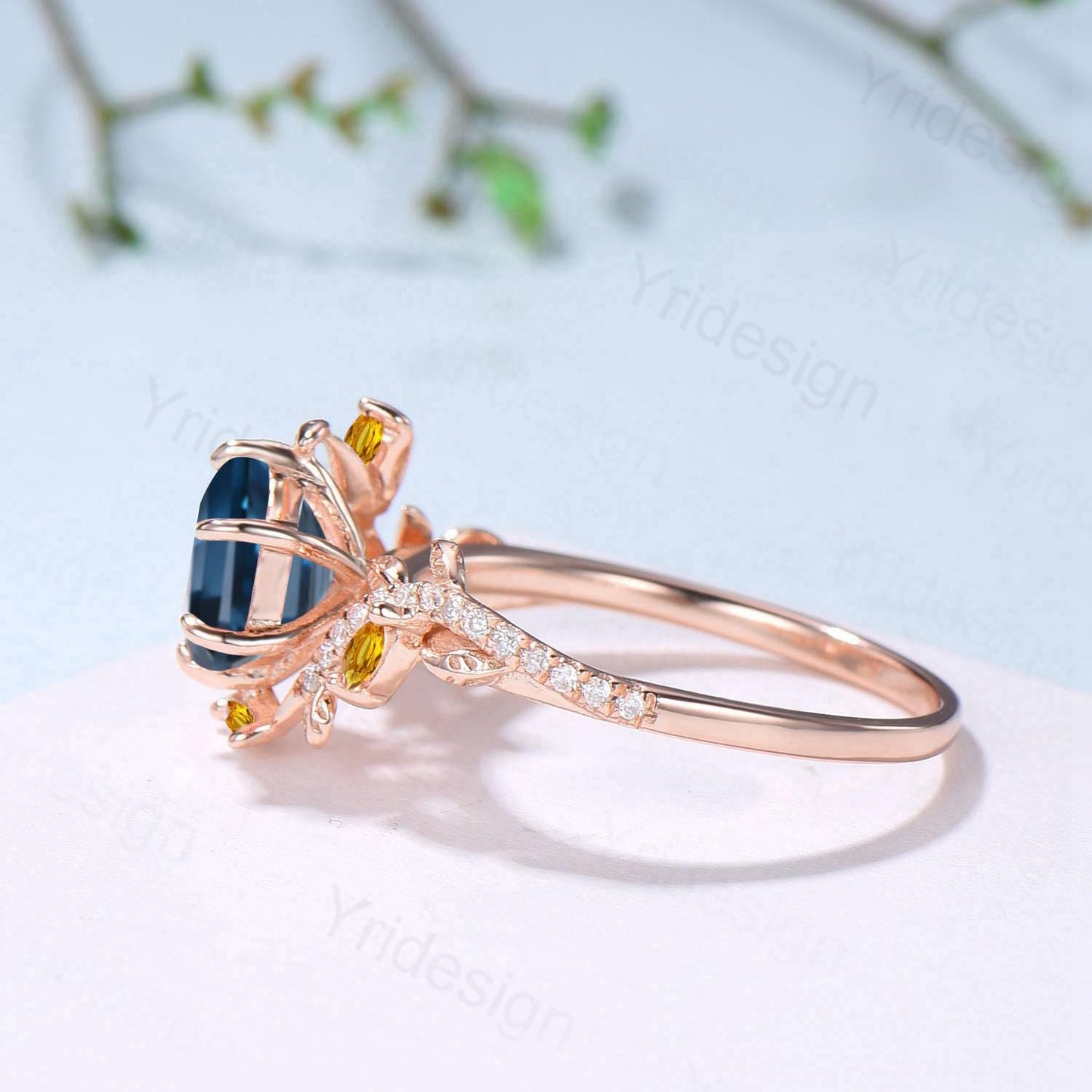 Natural Inspired Hexagon London Blue Topaz Engagement Ring Rose Gold Entangled Vines Citrine Bridal Wedding Ring Promise Gifts For fiancee