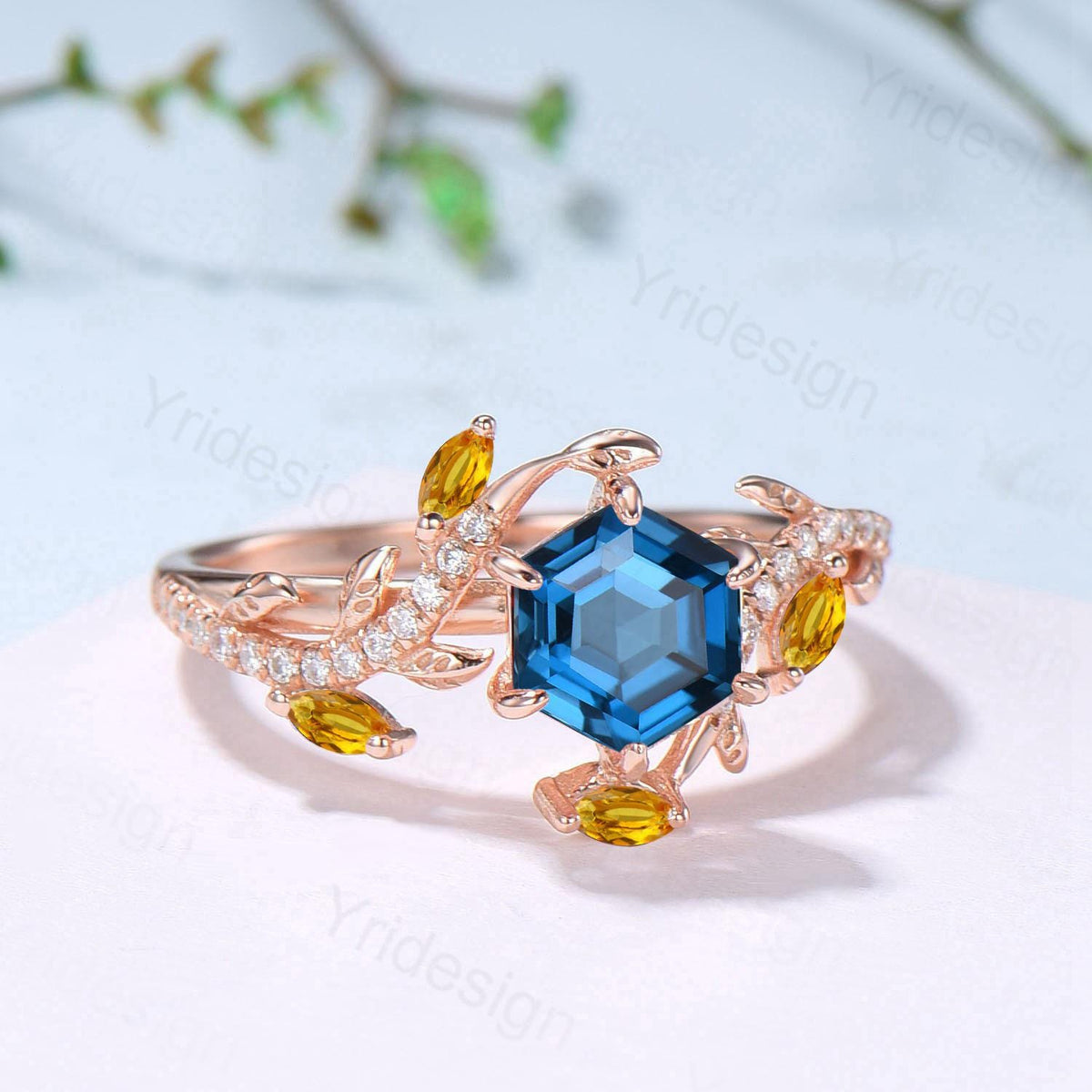 Natural Inspired Hexagon London Blue Topaz Engagement Ring Rose Gold Entangled Vines Citrine Bridal Wedding Ring Promise Gifts For fiancee