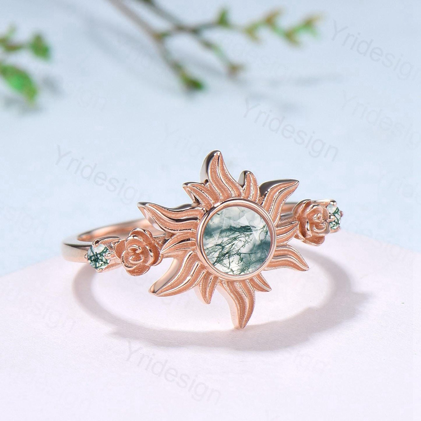Unique Sunflower Moss Agate Engagement Ring 14K Rose Gold Garden Floral Tiny Rose Accents Nature Inspired Floral Anniversary Ring for Women
