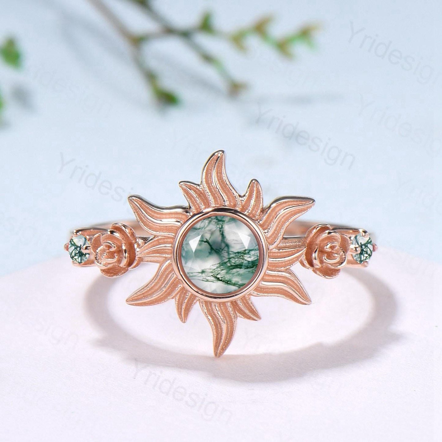 Unique Sunflower Moss Agate Engagement Ring 14K Rose Gold Garden Floral Tiny Rose Accents Nature Inspired Floral Anniversary Ring for Women