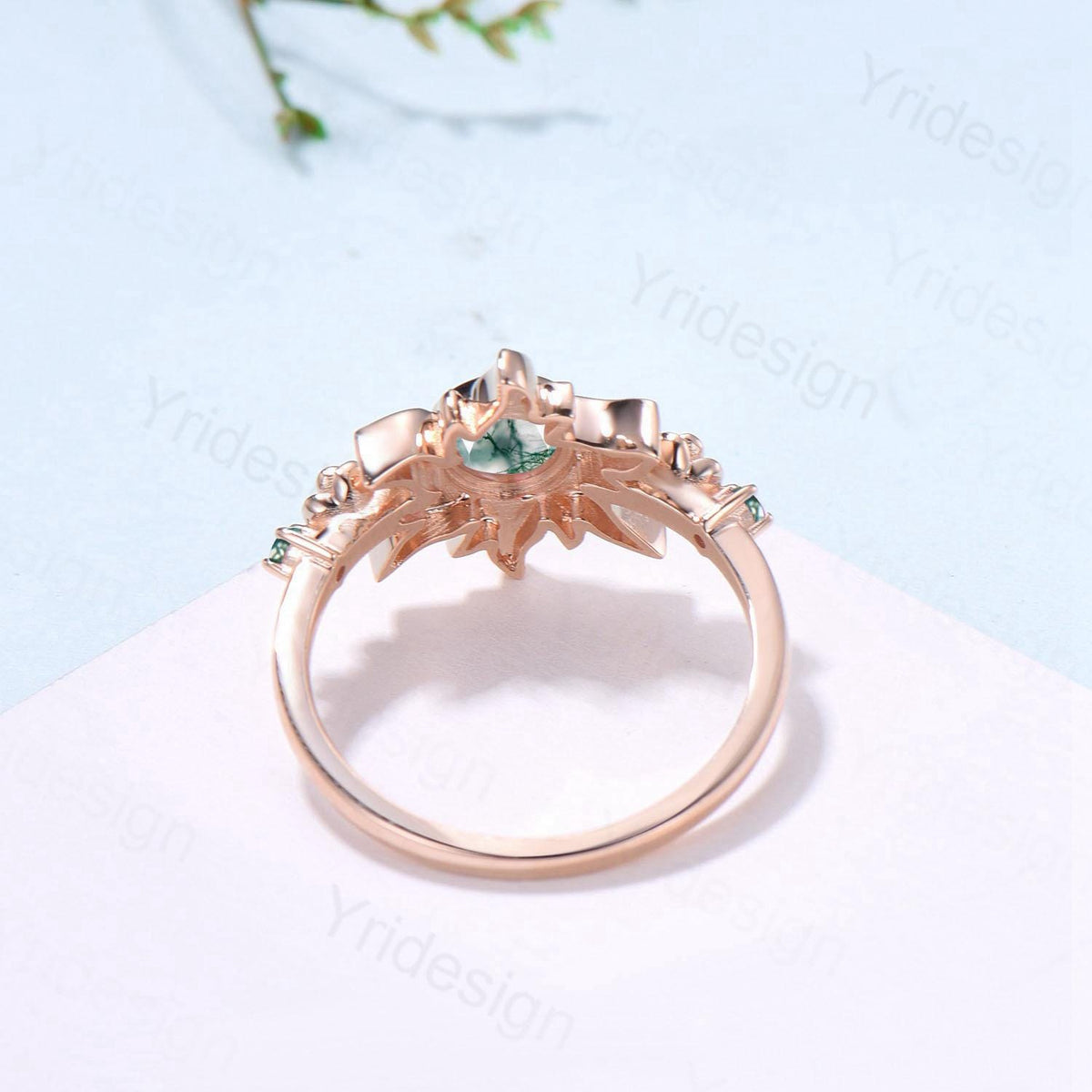 Unique Sunflower Moss Agate Engagement Ring 14K Rose Gold Garden Floral Tiny Rose Accents Nature Inspired Floral Anniversary Ring for Women