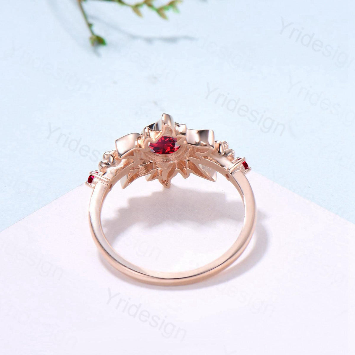 Floral Sunflower Ruby Engagement Ring 14K Rose Gold Garden Inspired Wedding Ring  Tiny Rose Accents July Birthstone Anniversary Ring Women
