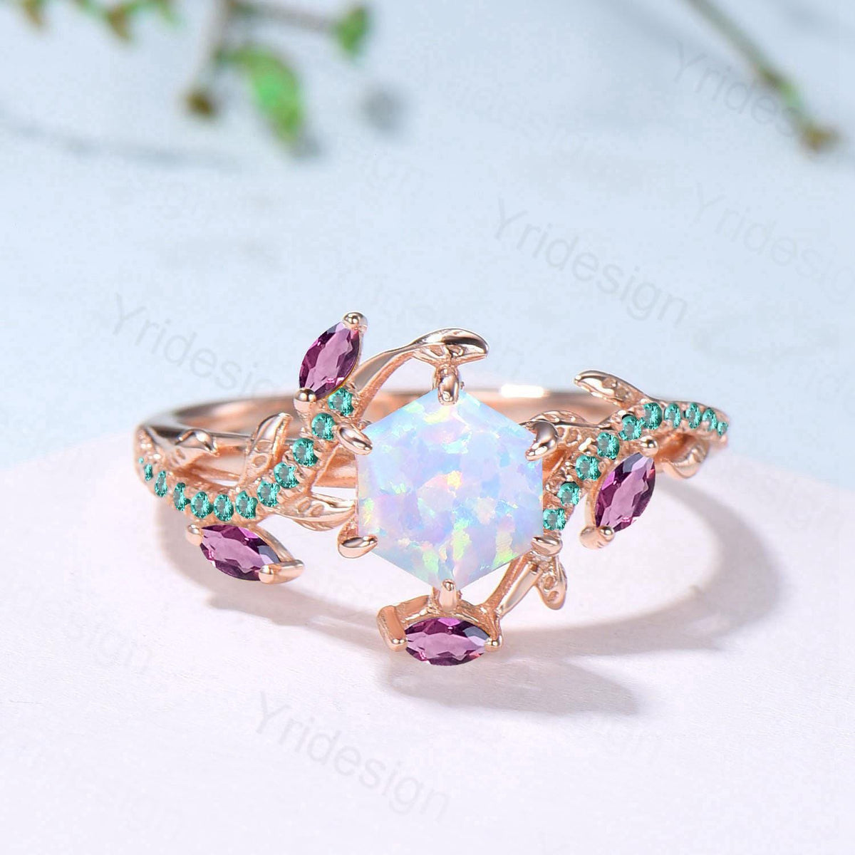 Elegant Opla Ring Nature Inspired Fire White Opal Engagement Ring Entangled Vines Emerlad Amethyst Snake Bridal Wedding Ring Promise Gifts