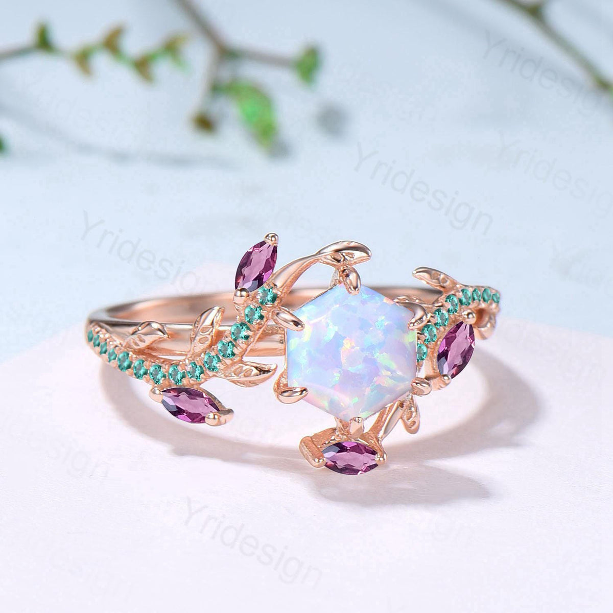 Elegant Opla Ring Nature Inspired Fire White Opal Engagement Ring Entangled Vines Emerlad Amethyst Snake Bridal Wedding Ring Promise Gifts