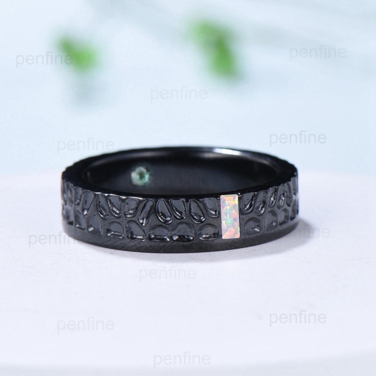 5mm Hammer Men's Wedding Ring Black Gold Baguette Fire White Opal Men Wedding Band Unique Birthday Stacking Matching Band Retro Vintage Gift