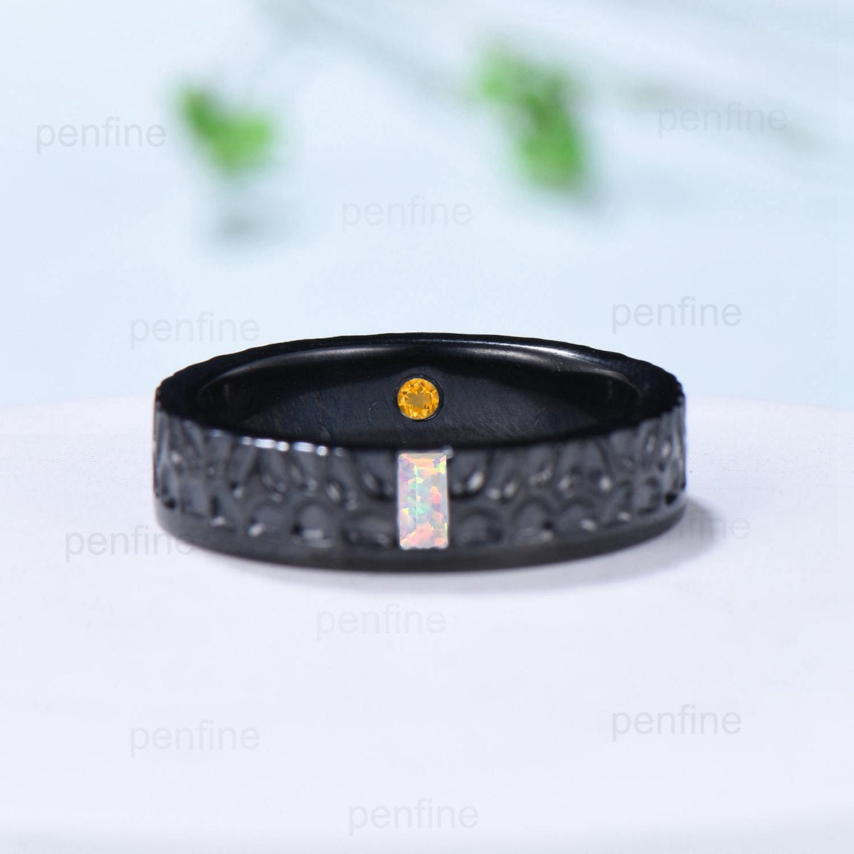 5mm Hammer Men's Wedding Ring Black Gold Baguette Fire White Opal Men Wedding Band Unique Birthday Stacking Matching Band Retro Vintage Gift