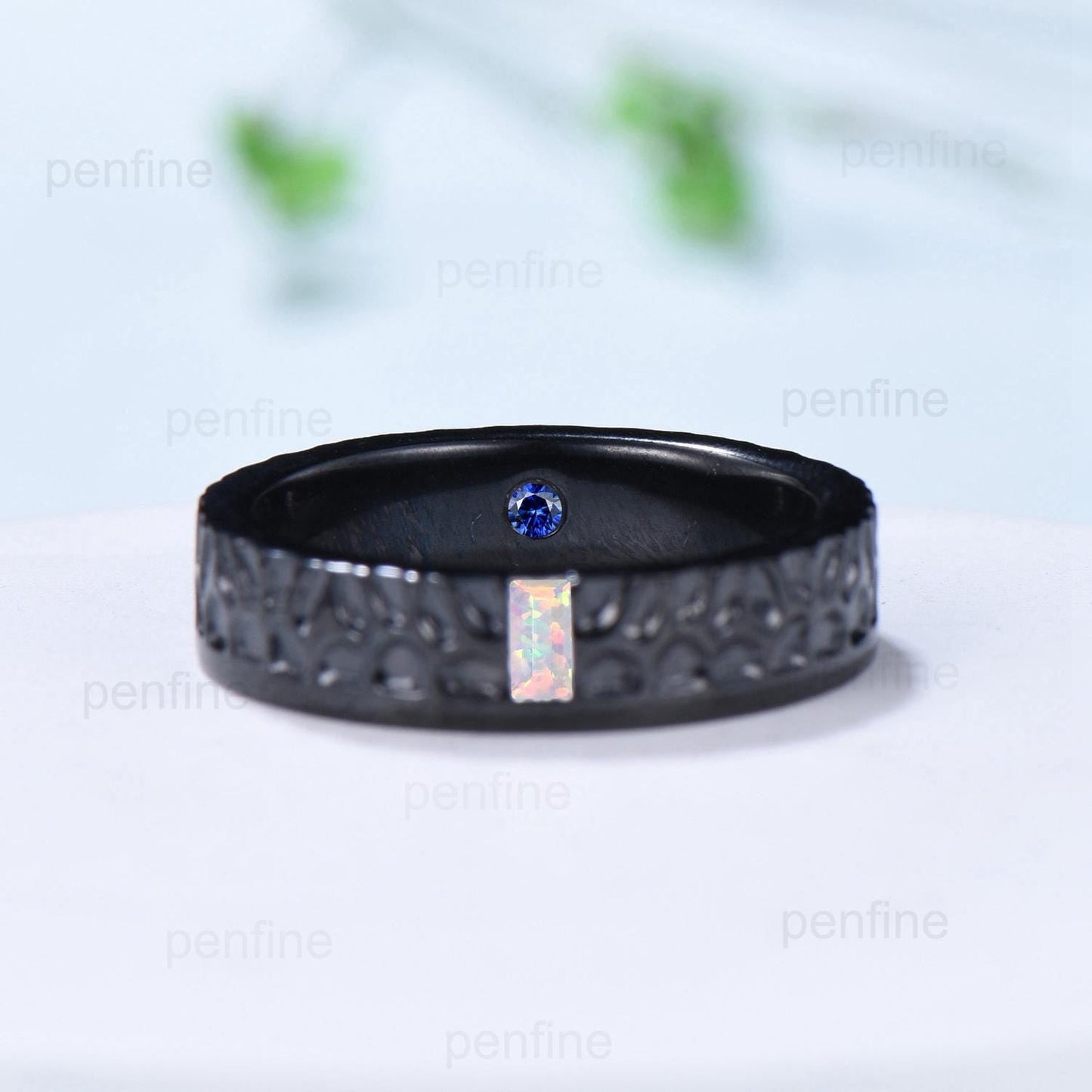 5mm Hammer Men's Wedding Ring Black Gold Baguette Fire White Opal Men Wedding Band Unique Birthday Stacking Matching Band Retro Vintage Gift
