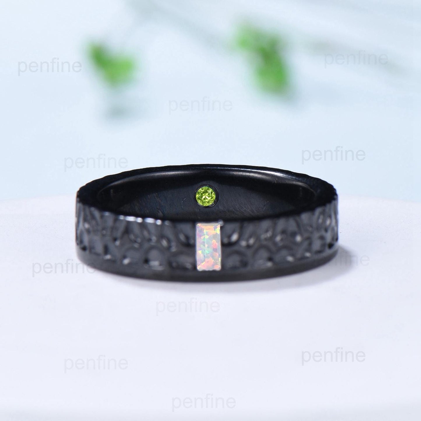 5mm Hammer Men's Wedding Ring Black Gold Baguette Fire White Opal Men Wedding Band Unique Birthday Stacking Matching Band Retro Vintage Gift