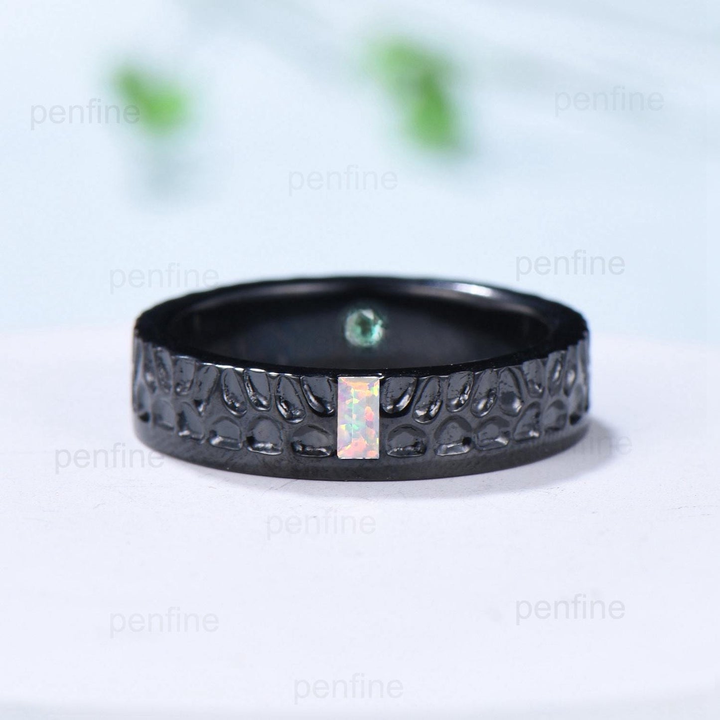 5mm Hammer Men's Wedding Ring Black Gold Baguette Fire White Opal Men Wedding Band Unique Birthday Stacking Matching Band Retro Vintage Gift