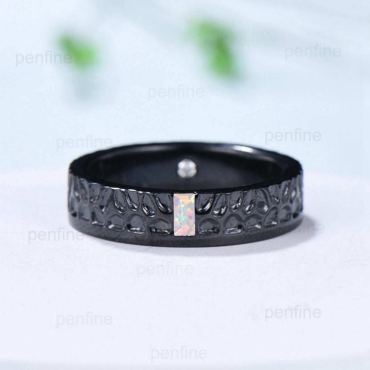 5mm Hammer Men's Wedding Ring Black Gold Baguette Fire White Opal Men Wedding Band Unique Birthday Stacking Matching Band Retro Vintage Gift