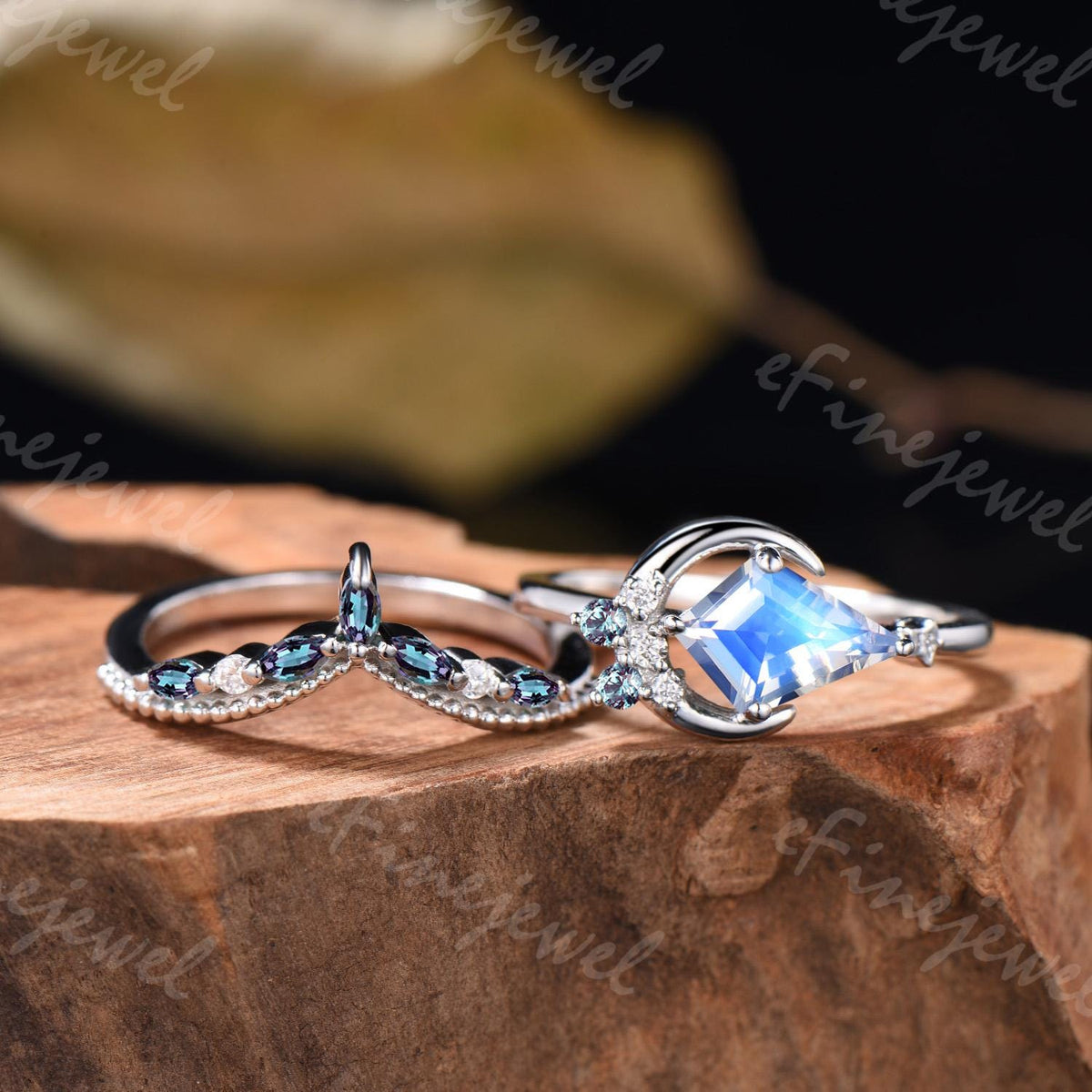 Kite Cut Moonstone Engagement Ring, Marquise Alexandrite Stacking Band, June Birthstone Bridal Set