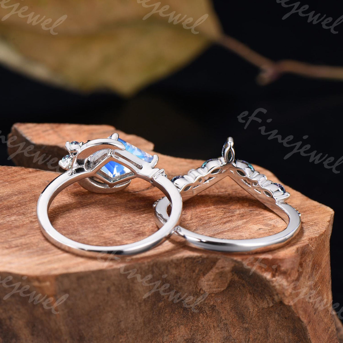 Kite Cut Moonstone Engagement Ring, Marquise Alexandrite Stacking Band, June Birthstone Bridal Set