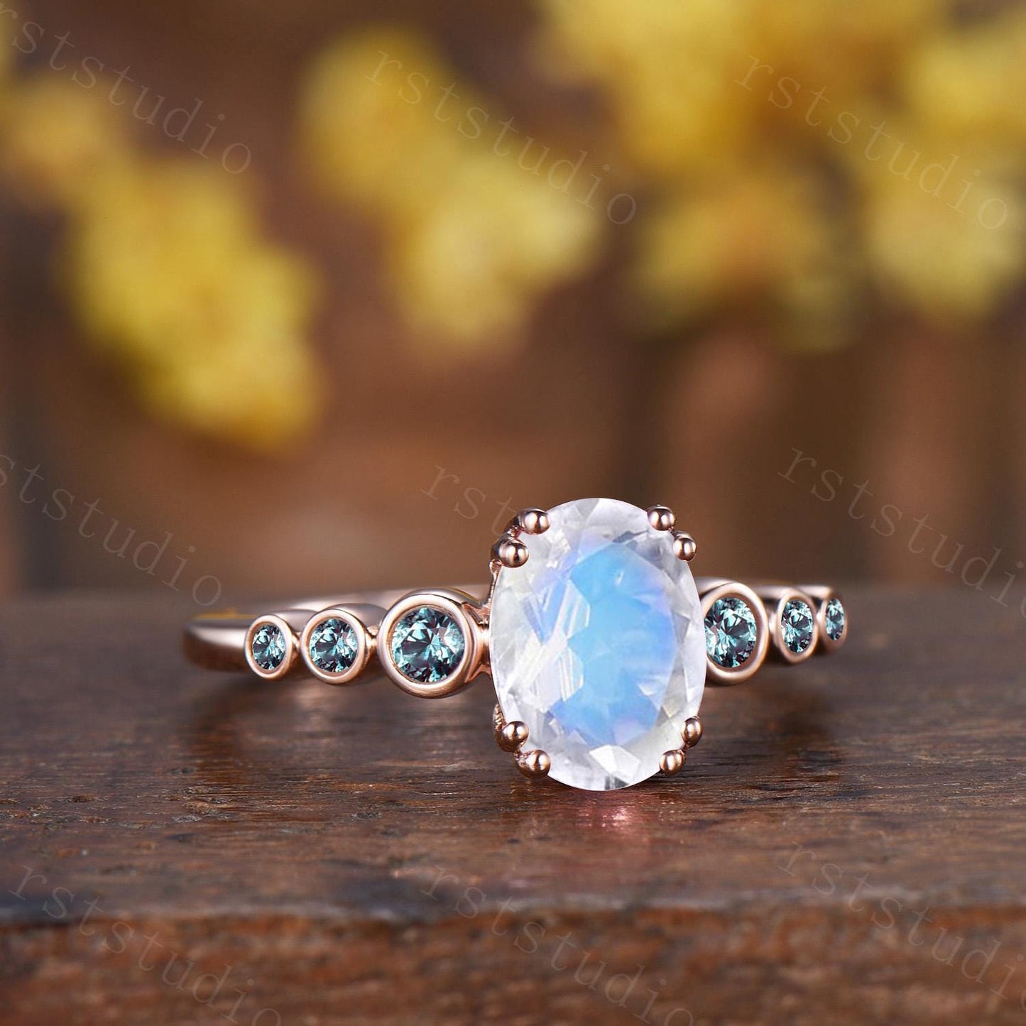 Oval Moonstone Engagement Ring, 14K Rose Gold Alexandrite Band, Bezel Set Bridal Ring