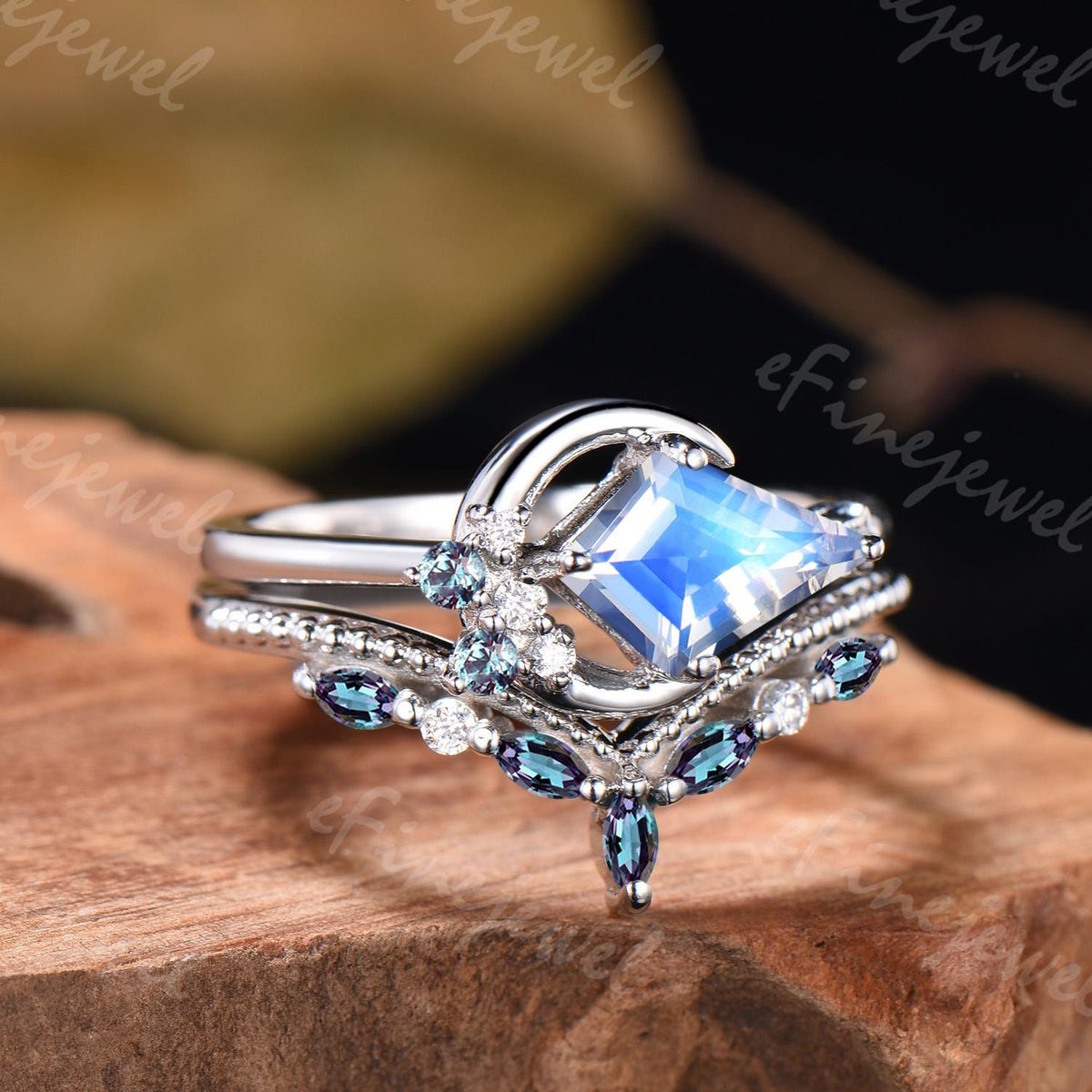 Kite Cut Moonstone Engagement Ring, Marquise Alexandrite Stacking Band, June Birthstone Bridal Set