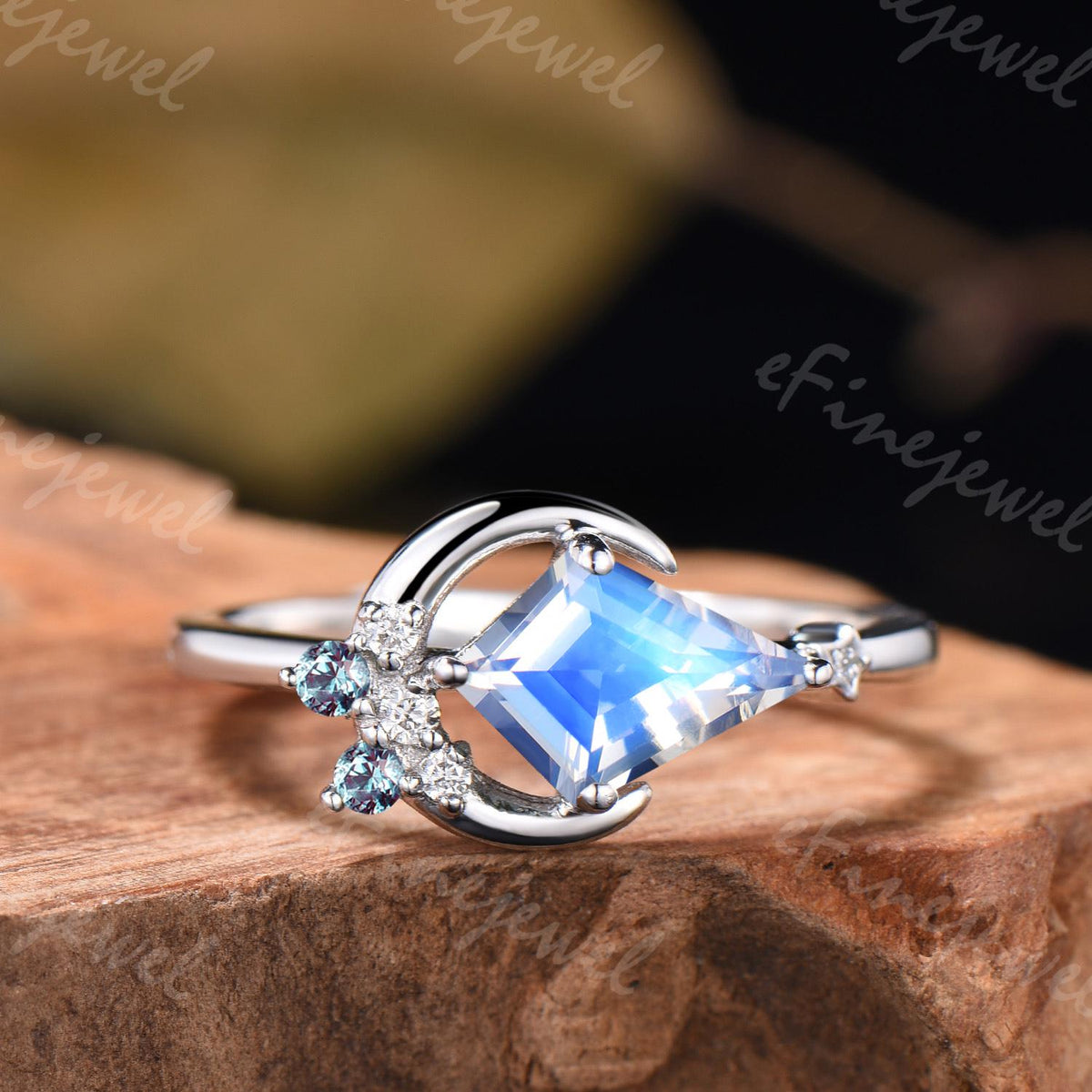 Kite Cut Moonstone Engagement Ring, Marquise Alexandrite Stacking Band, June Birthstone Bridal Set