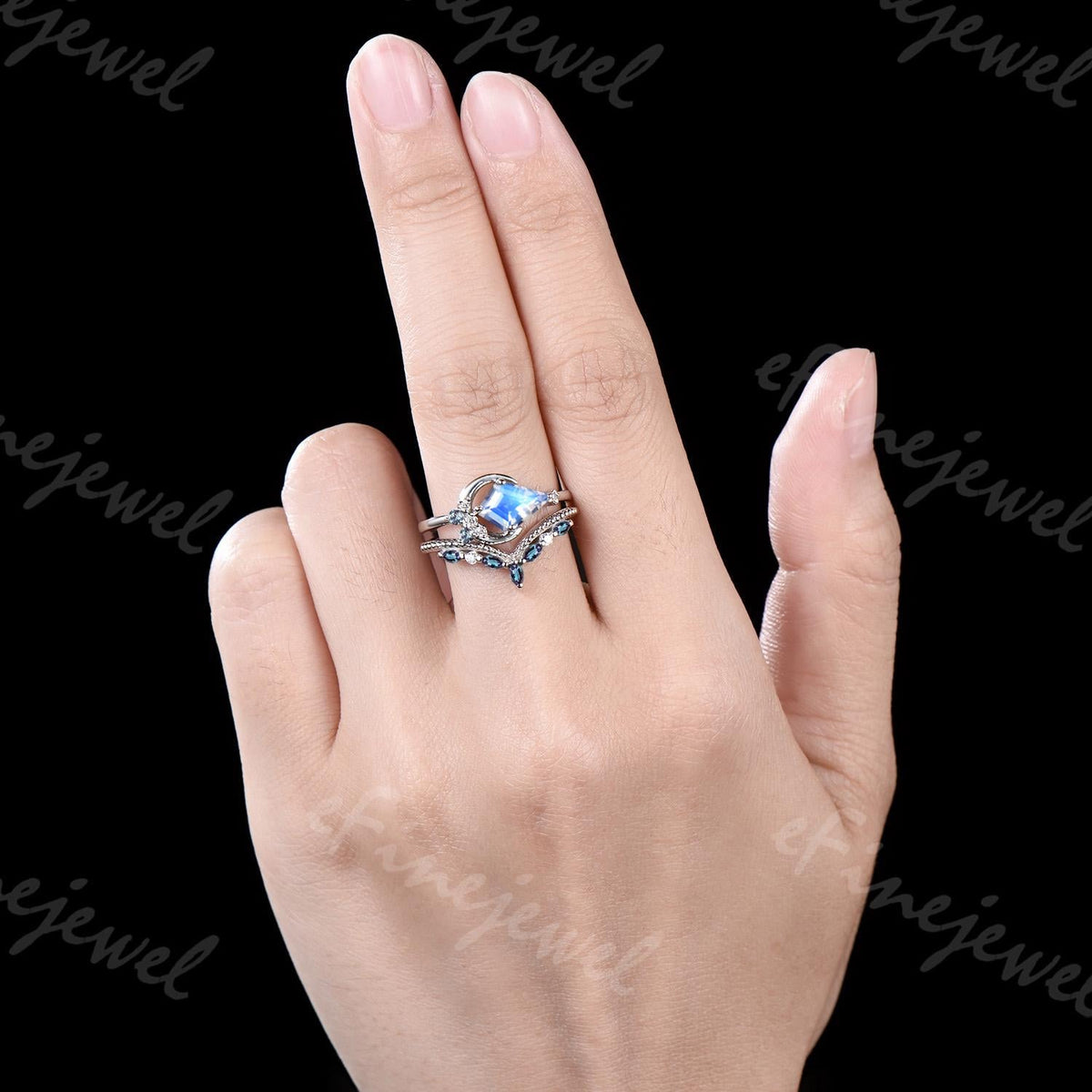 Kite Cut Moonstone Engagement Ring, Marquise Alexandrite Stacking Band, June Birthstone Bridal Set