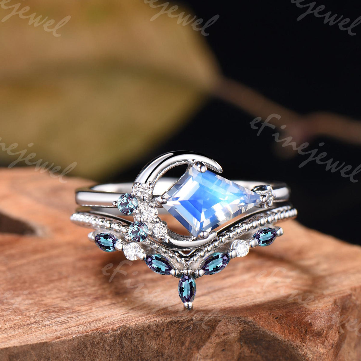 Kite Cut Moonstone Engagement Ring, Marquise Alexandrite Stacking Band, June Birthstone Bridal Set