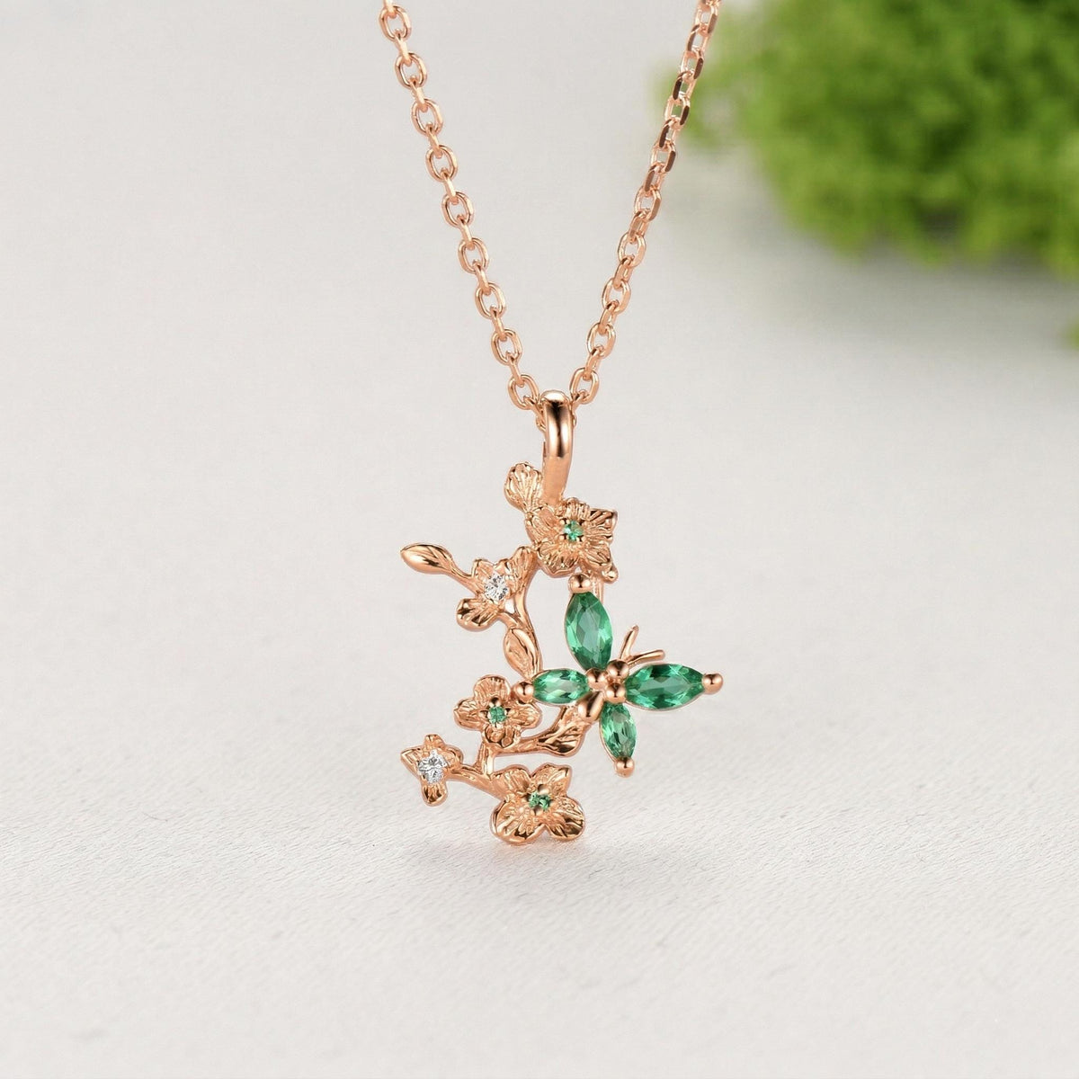 Emerald Green Crystal Butterfly Necklace, Floral Branch Pendant