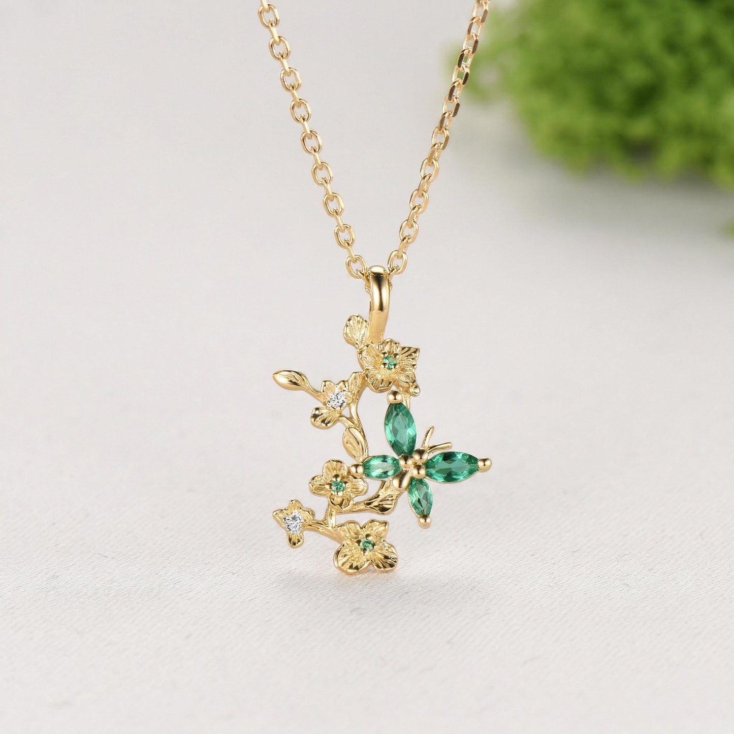 Emerald Green Crystal Butterfly Necklace, Floral Branch Pendant