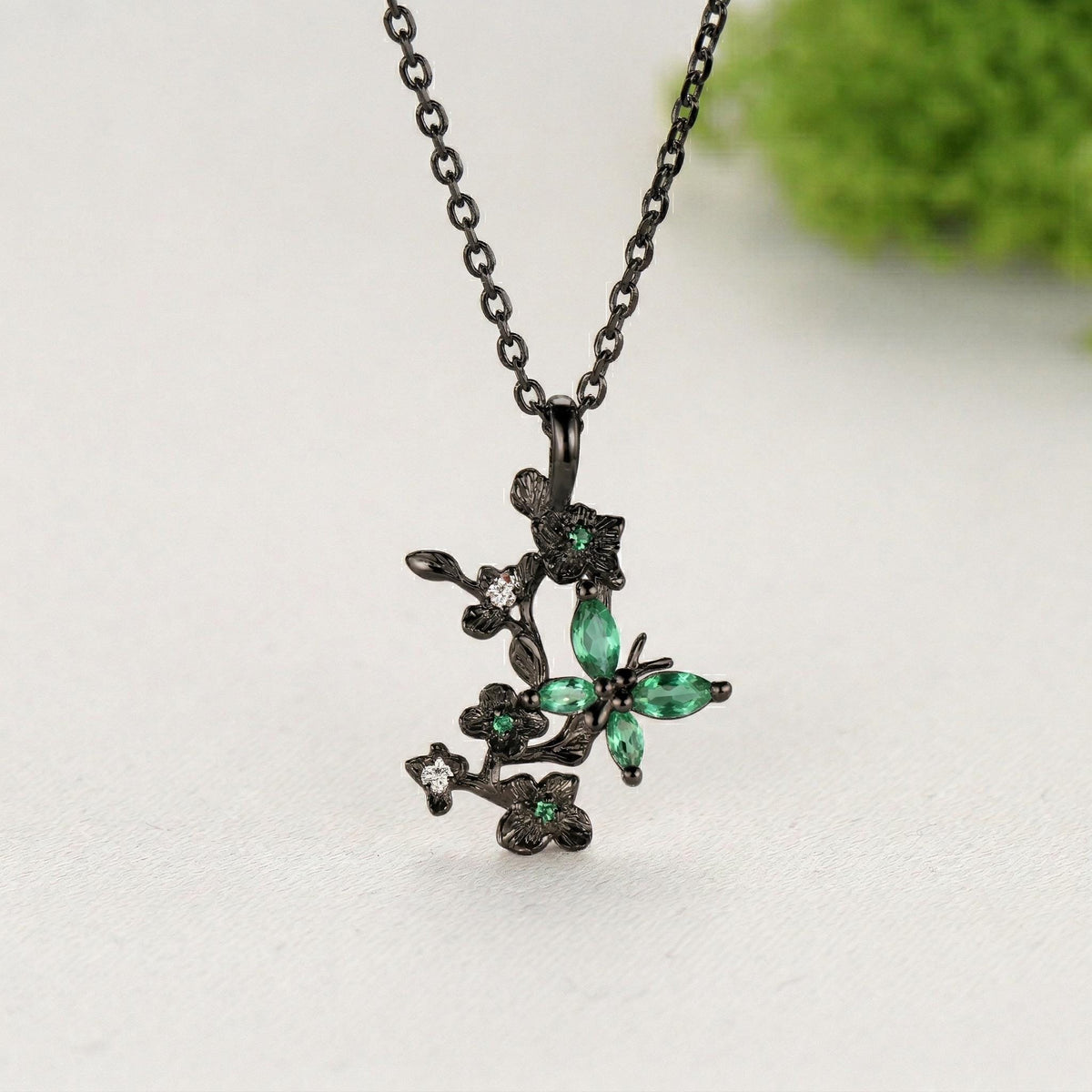 Emerald Green Crystal Butterfly Necklace, Floral Branch Pendant
