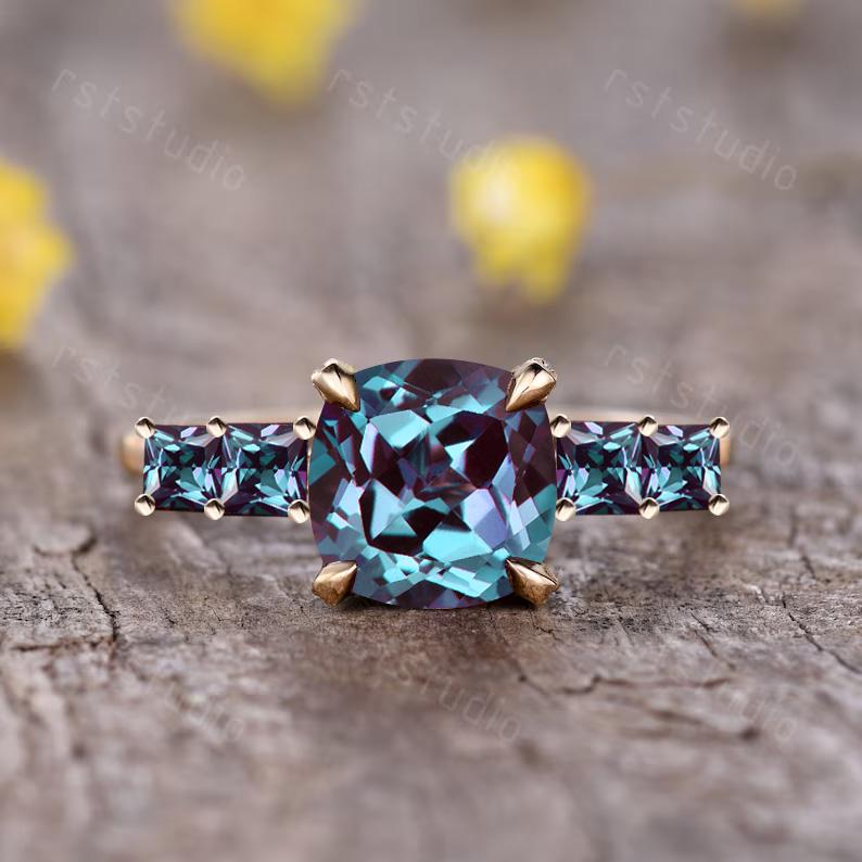 Cushion Cut Alexandrite Engagement Ring, Yellow Gold Five Stone, June Birthstone Promise Ring