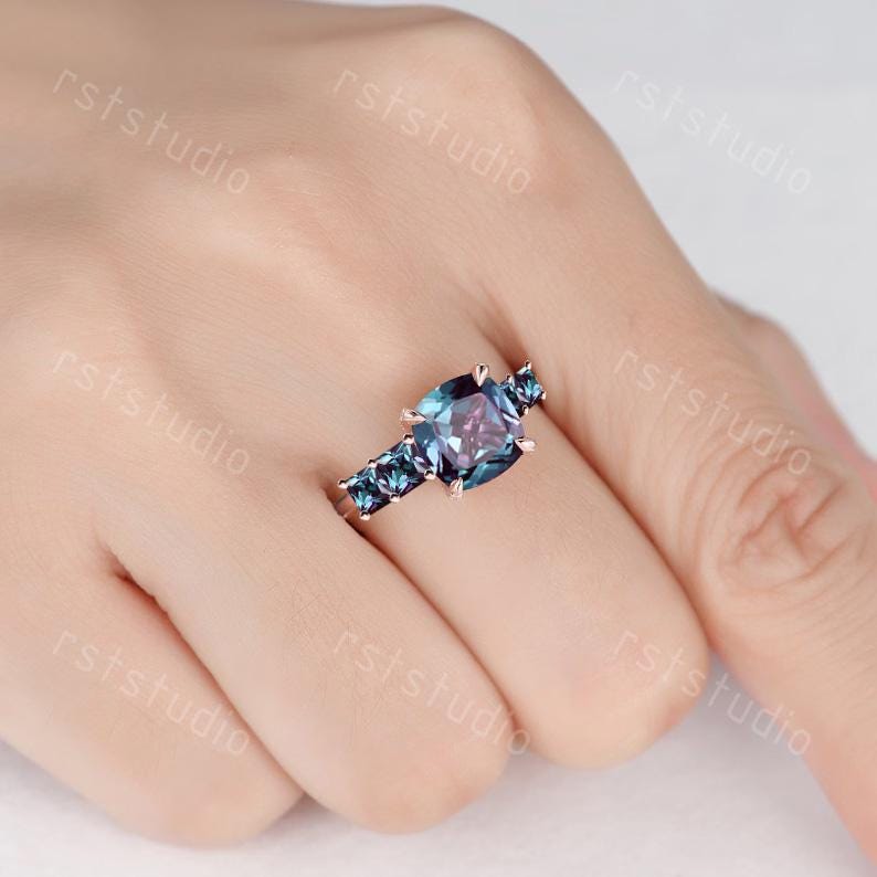 Cushion Cut Alexandrite Engagement Ring, Yellow Gold Five Stone, June Birthstone Promise Ring