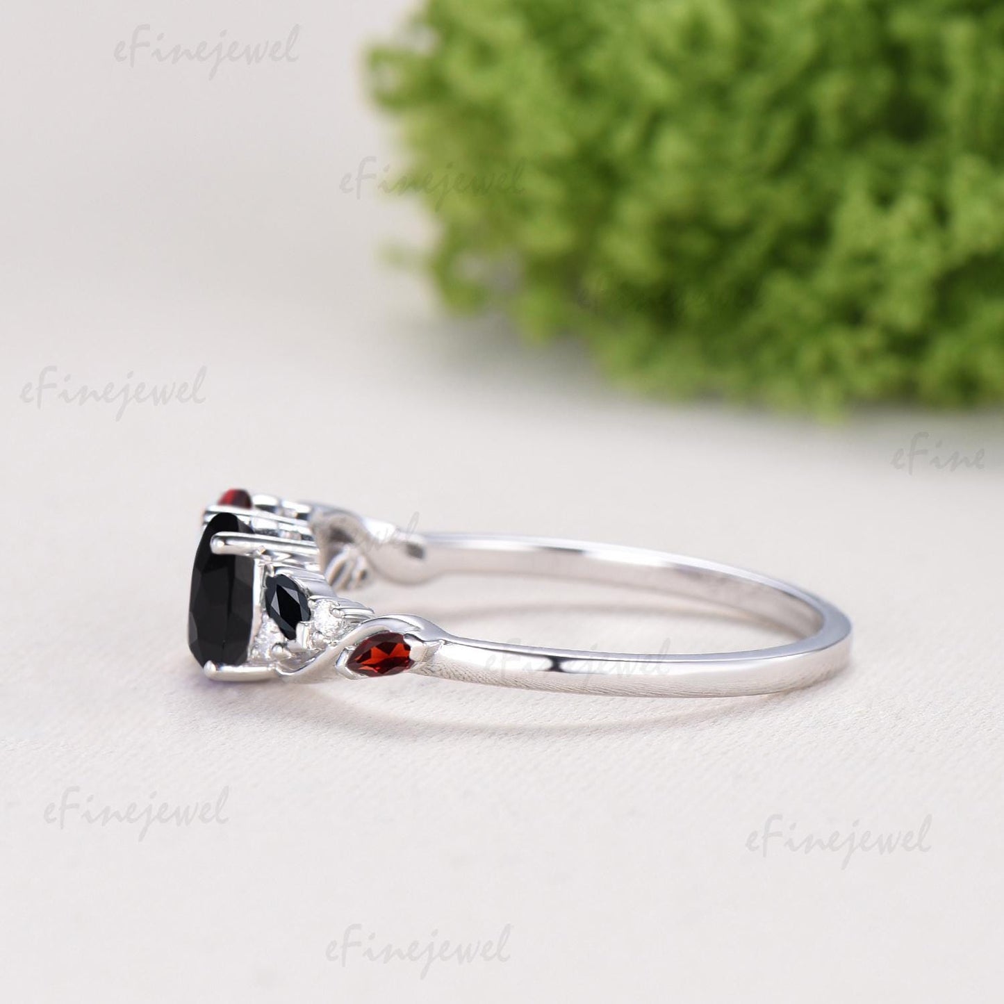 Vintage Oval Cut Garnet Black Onyx Engagement Ring | 14K White Gold Toi et Moi Vine Stacking Band