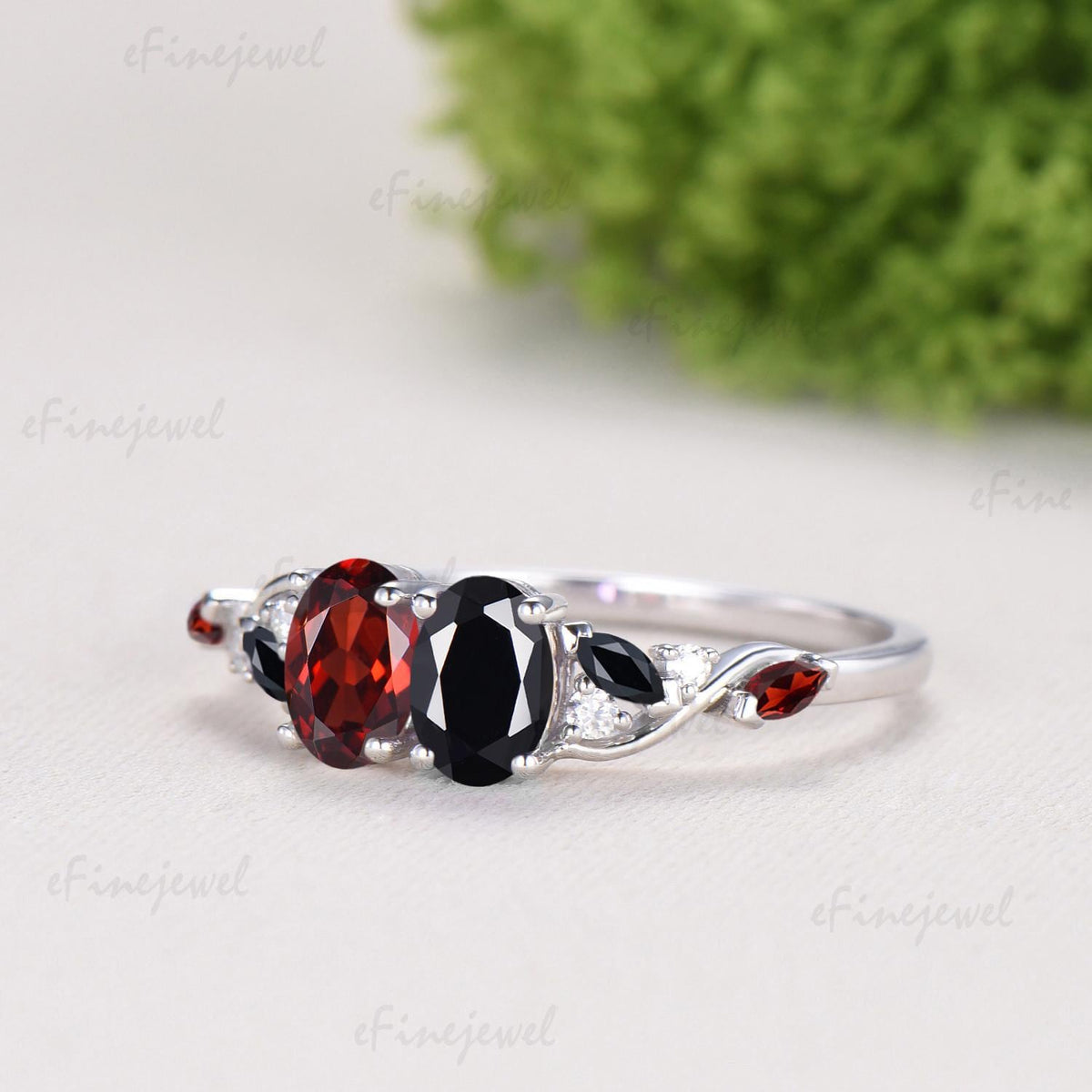 Vintage Oval Cut Garnet Black Onyx Engagement Ring | 14K White Gold Toi et Moi Vine Stacking Band
