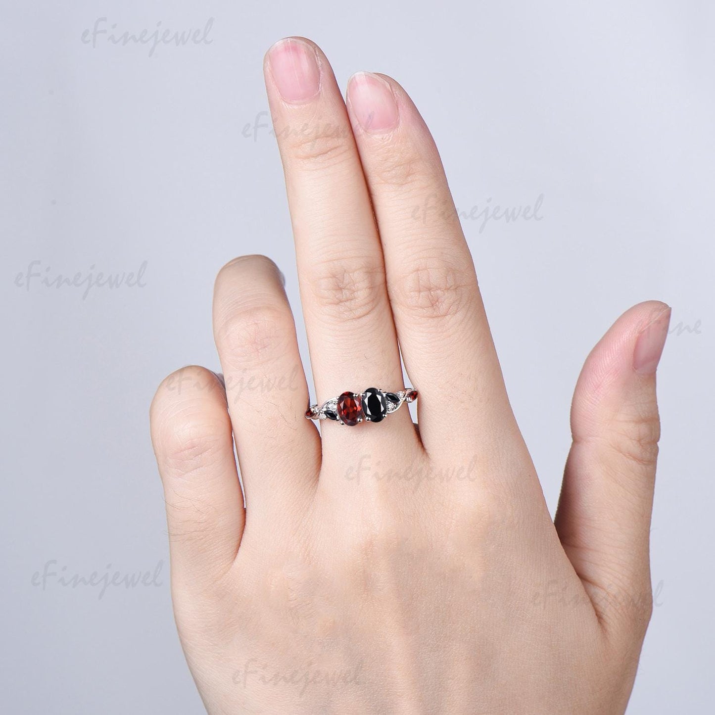 Vintage Oval Cut Garnet Black Onyx Engagement Ring | 14K White Gold Toi et Moi Vine Stacking Band